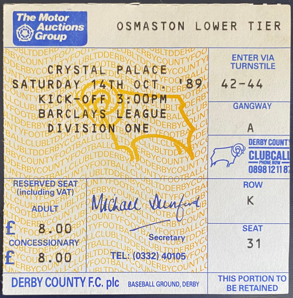 1989/90 ORIGINAL DIVISION 1 TICKET DERBY COUNTY V CRYSTAL PALACE