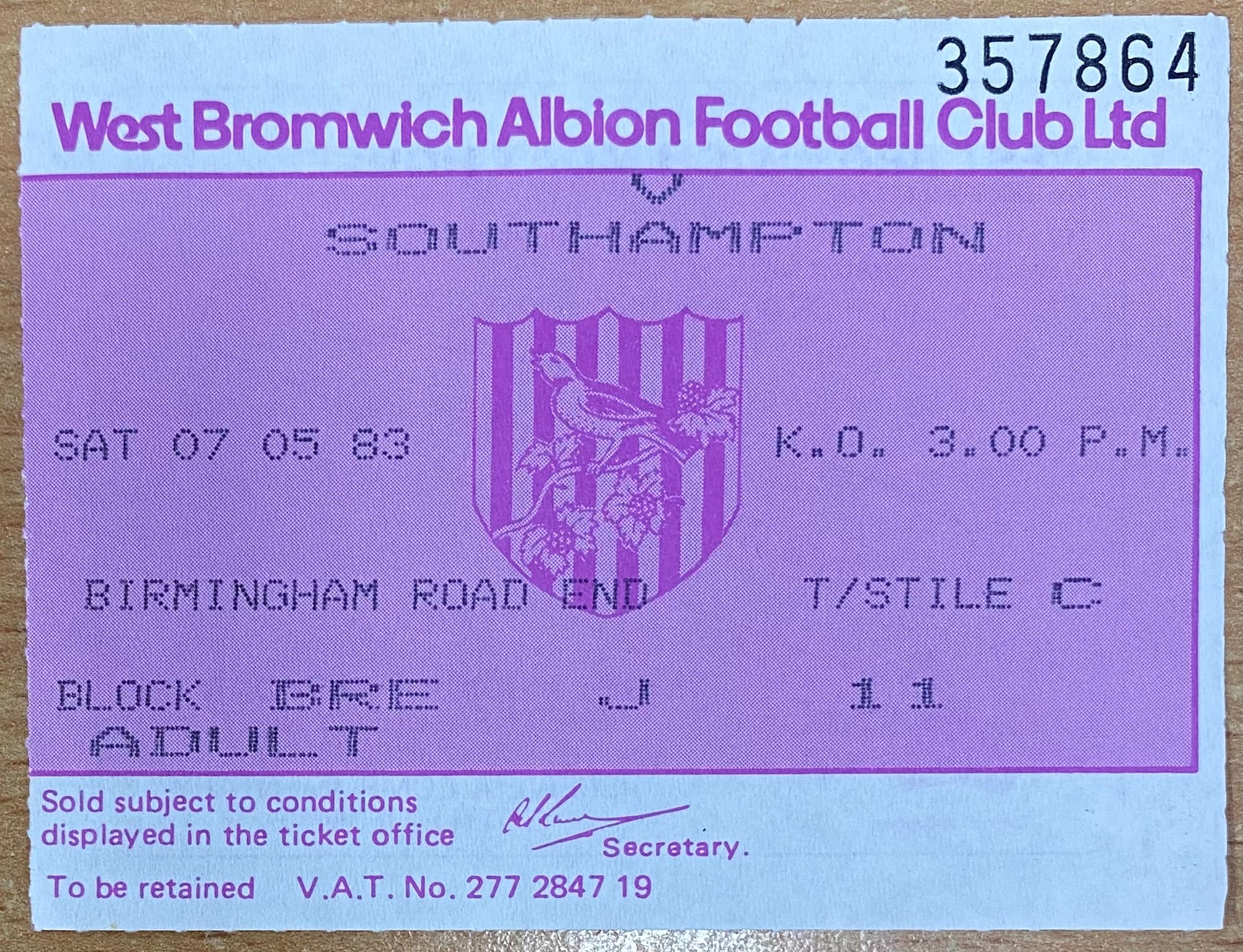1982/83 ORIGINAL DIVISION 1 TICKET WEST BROMWICH ALBION V SOUTHAMPTON