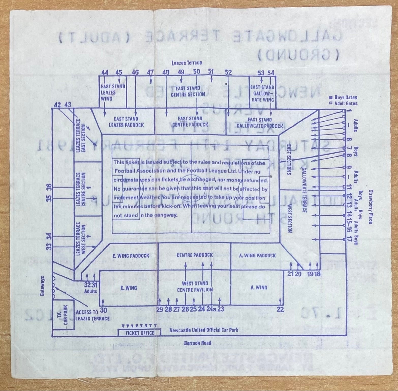 1980/81 ORIGINAL FA CUP 5TH ROUND TICKET NEWCASTLE UNITED V EXETER CITY