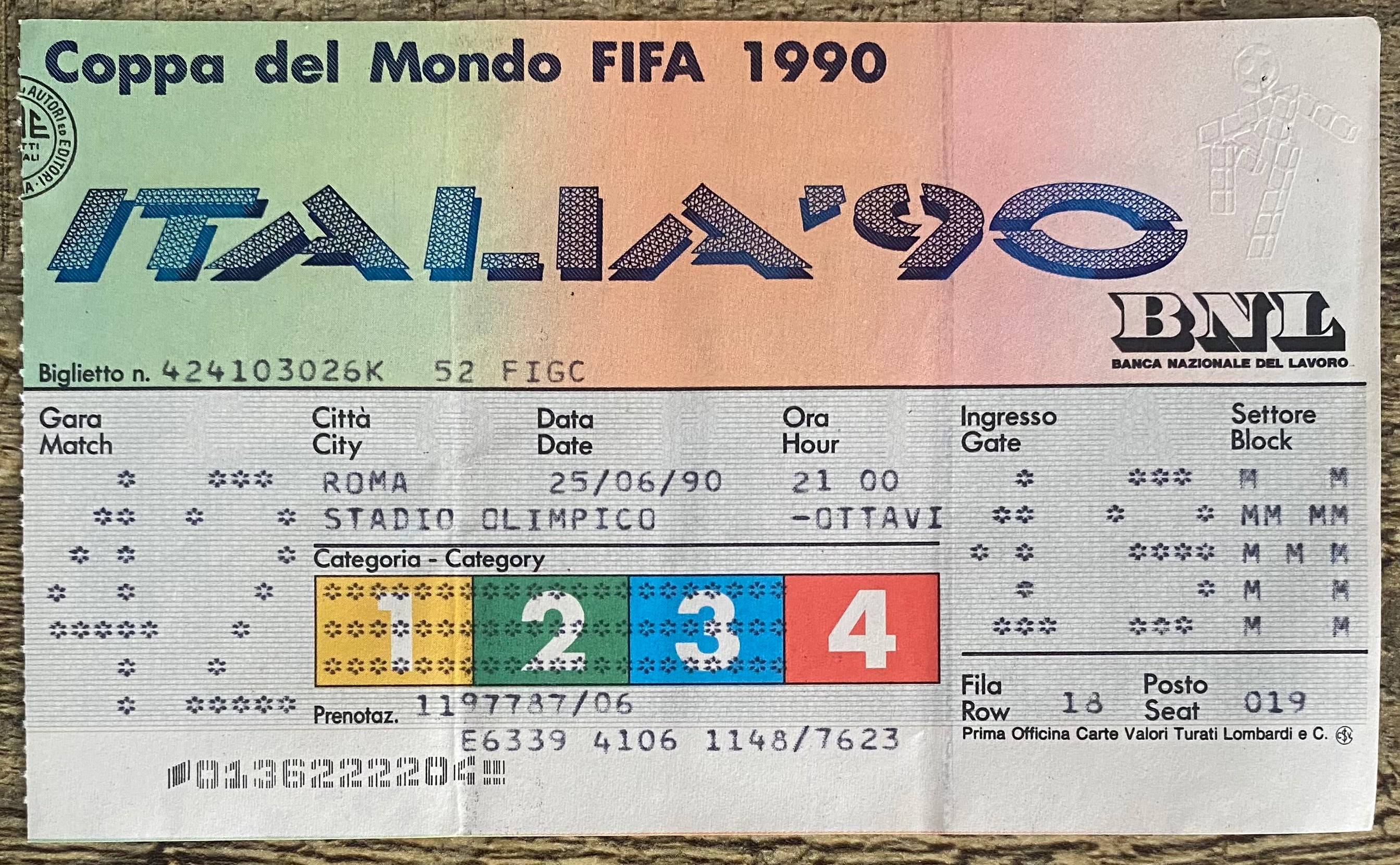 1990 ORIGINAL WORLD CUP 2ND ROUND TICKET ITALY V URUGUAY @ ROME