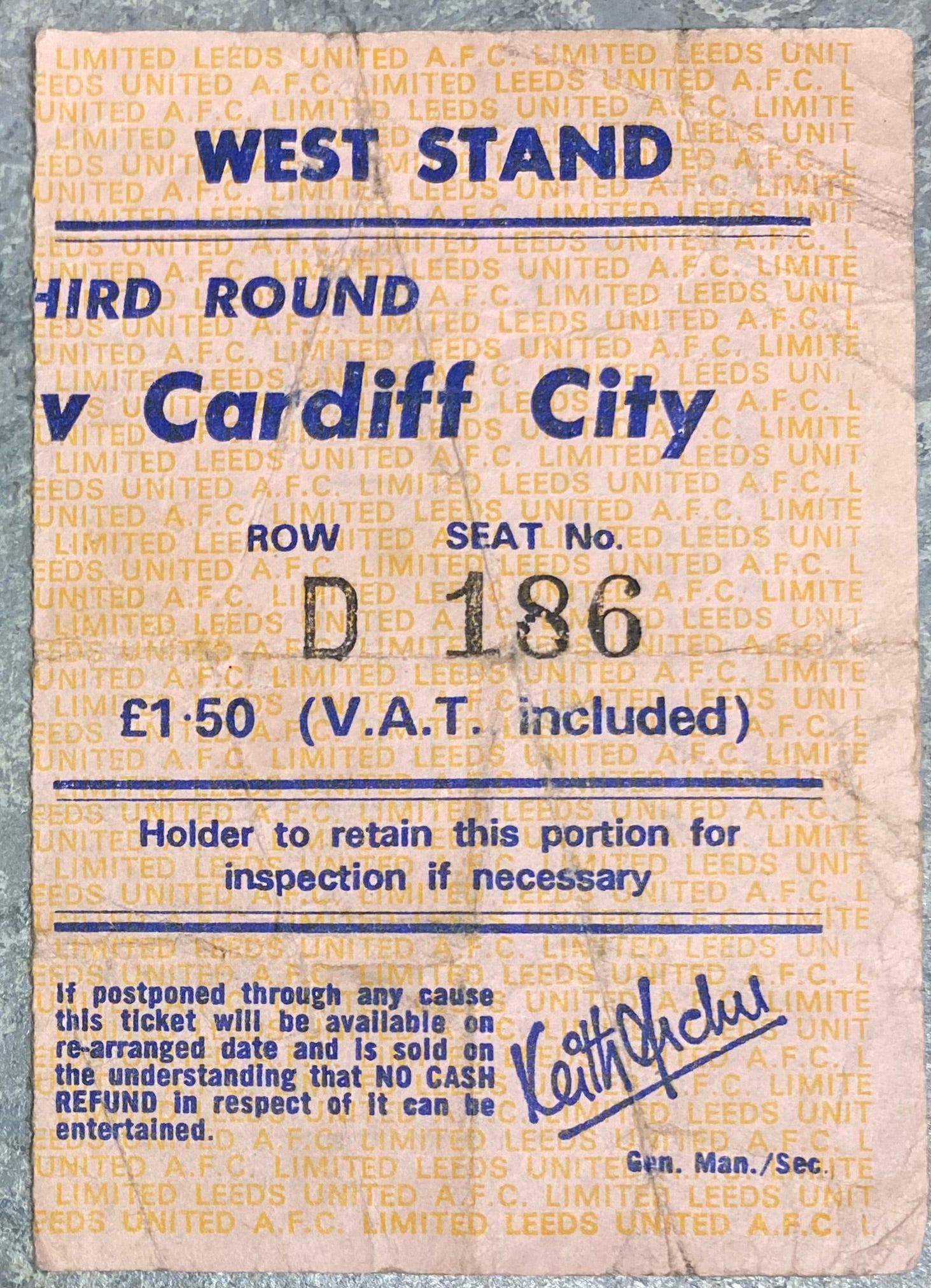 1974/75 ORIGINAL FA CUP 3RD ROUND TICKET LEEDS UNITED V CARDIFF CITY