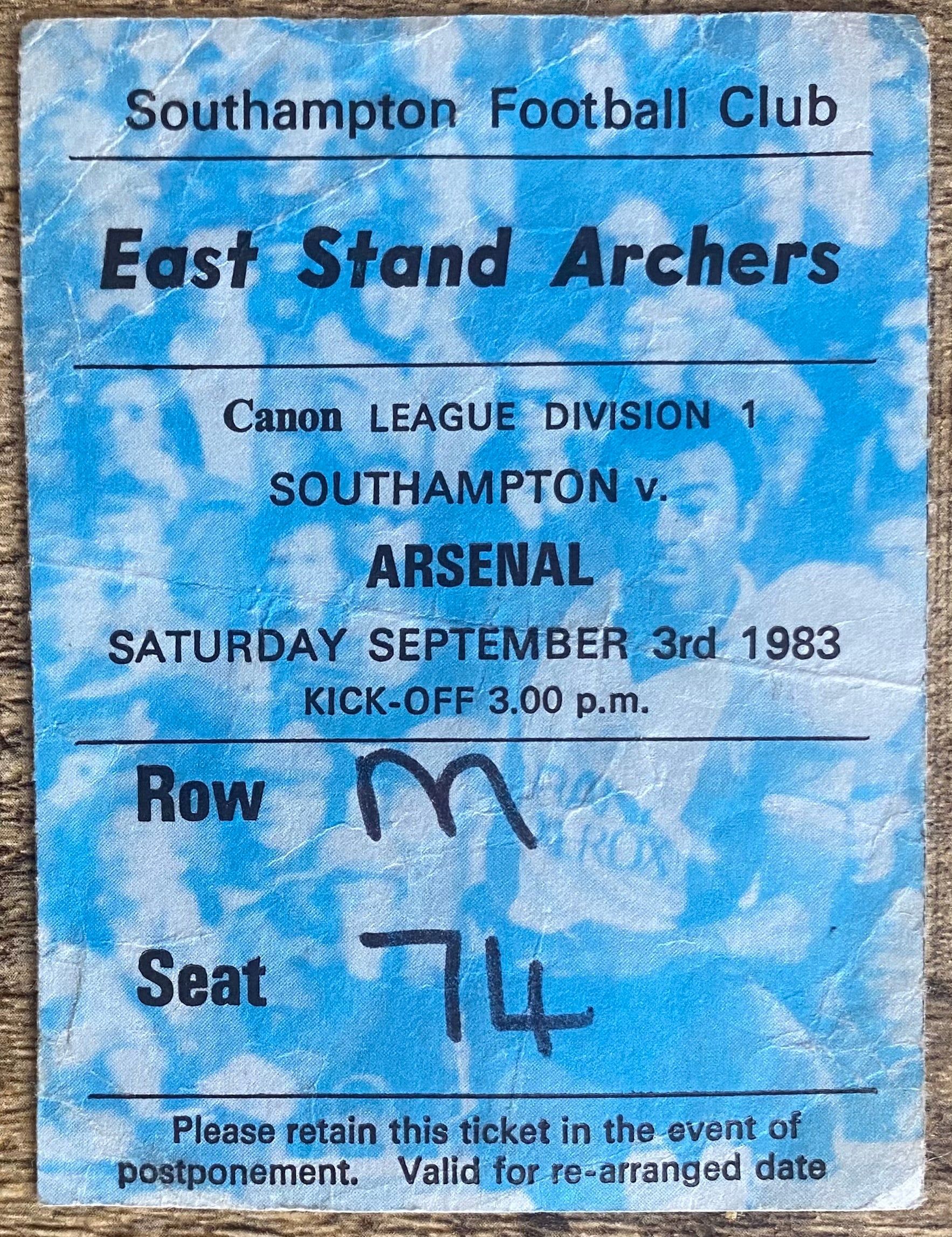 1983/84 ORIGINAL DIVISION ONE TICKET SOUTHAMPTON V ARSENAL