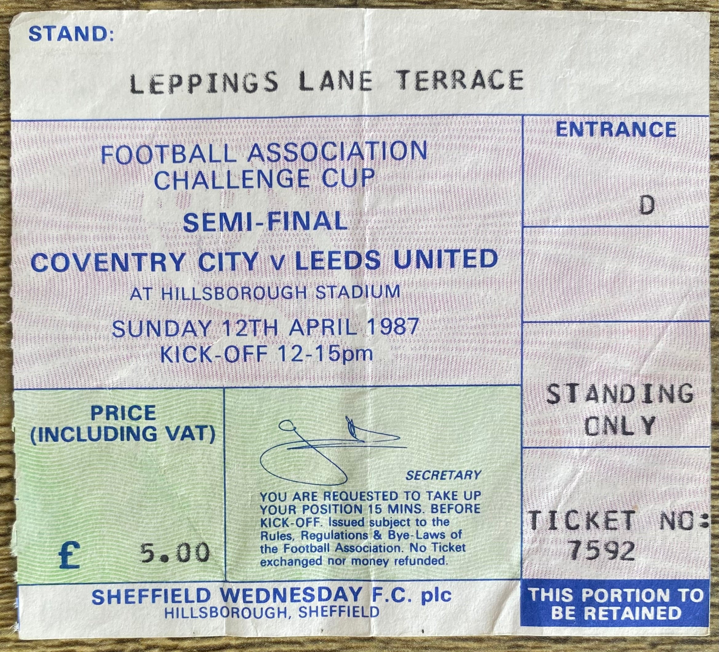 1987 ORIGINAL FA CUP SEMI FINAL TICKET LEEDS UNITED V COVENTRY CITY @ HILLSBOROUGH