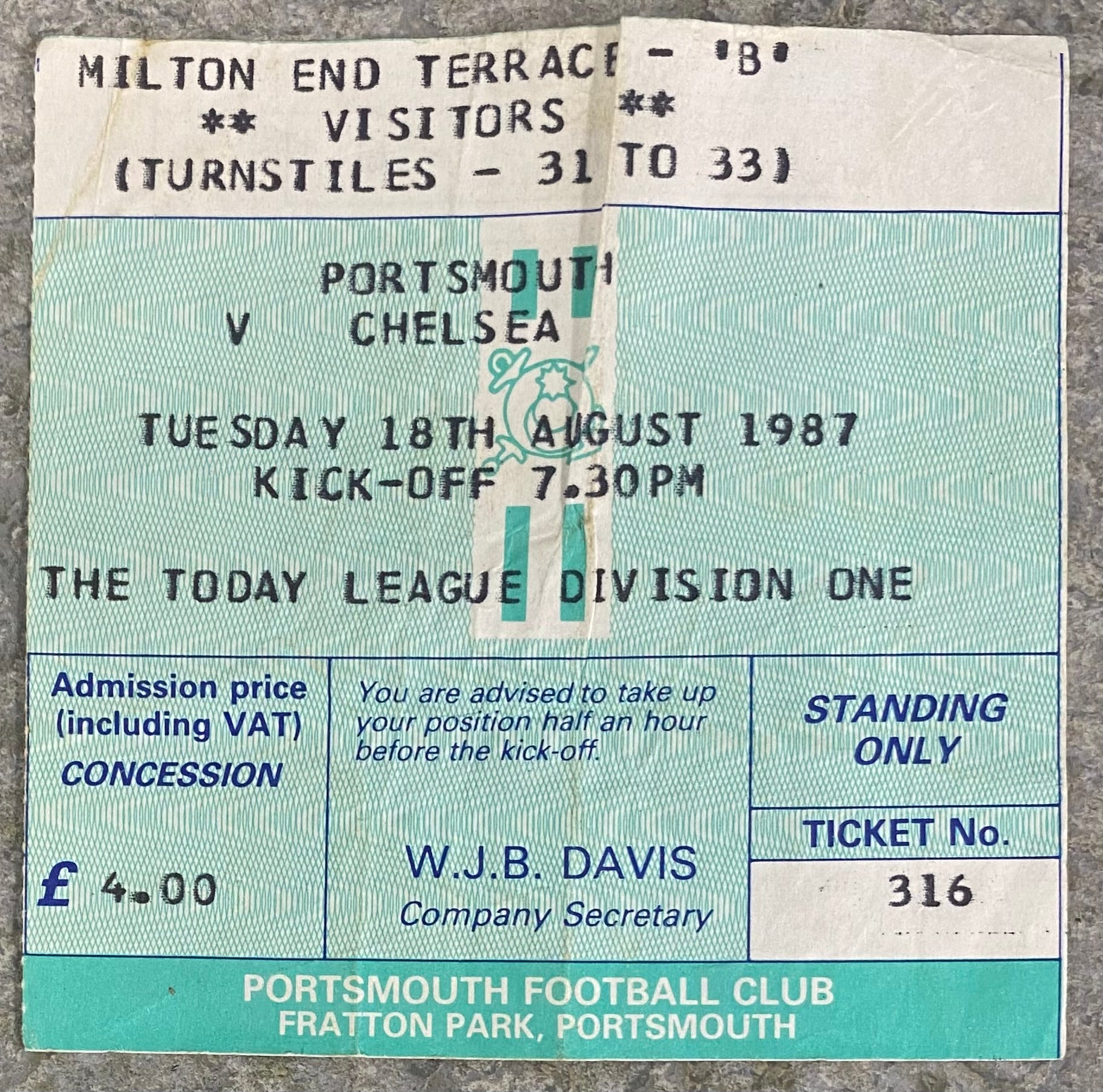 1987/88 ORIGINAL DIVISION 1 TICKET PORTSMOUTH V CHELSEA