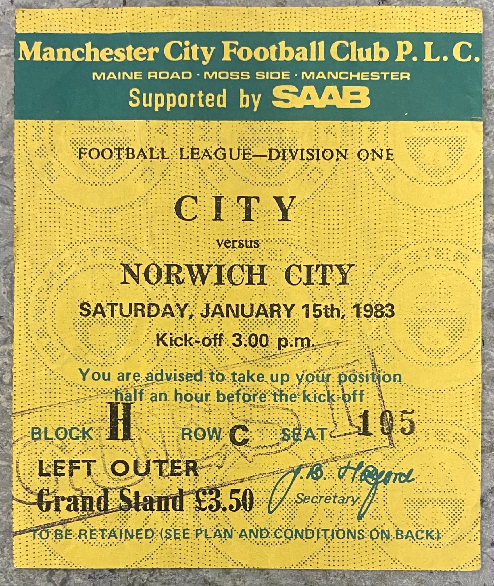 1982/83 ORIGINAL DIVISION 1 TICKET MANCHESTER CITY V NORWICH CITY