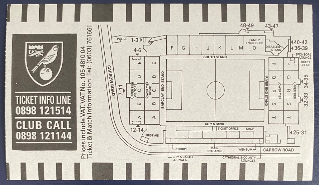 1992/93 ORIGINAL FA PREMIER LEAGUE TICKET NORWICH CITY V SHEFFIELD WEDNESDAY