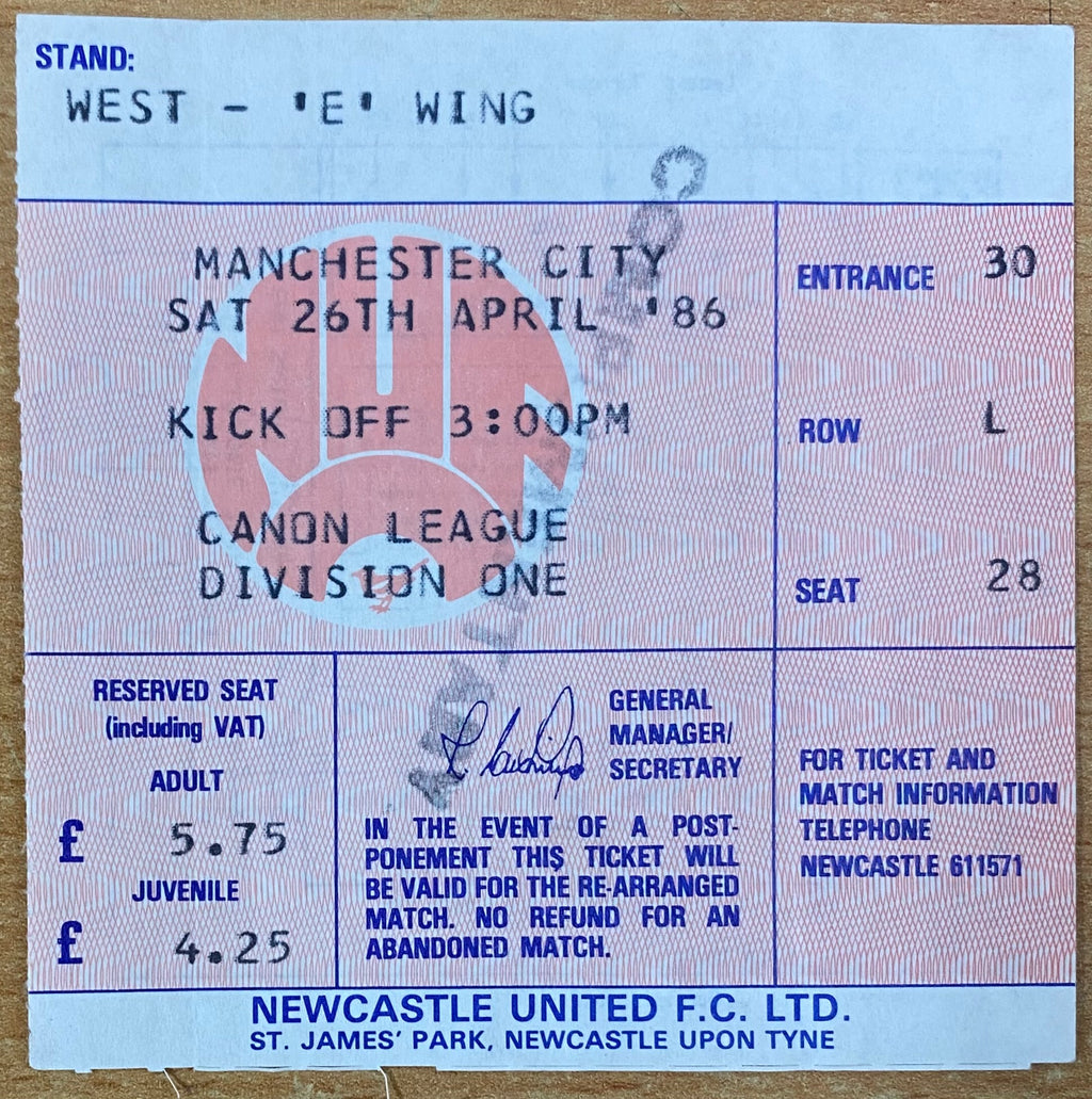 1985/86 ORIGINAL DIVISION 1 TICKET NEWCASTLE UNITED V MANCHESTER CITY