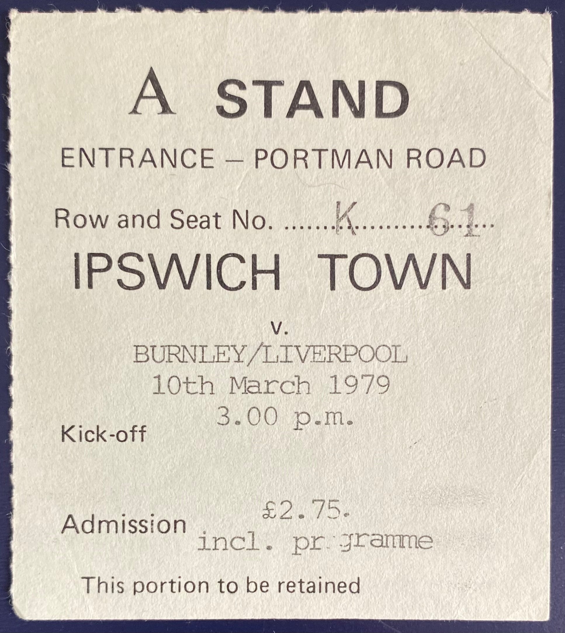 1978/79 ORIGINAL FA CUP 6TH ROUND TICKET IPSWICH TOWN V LIVERPOOL