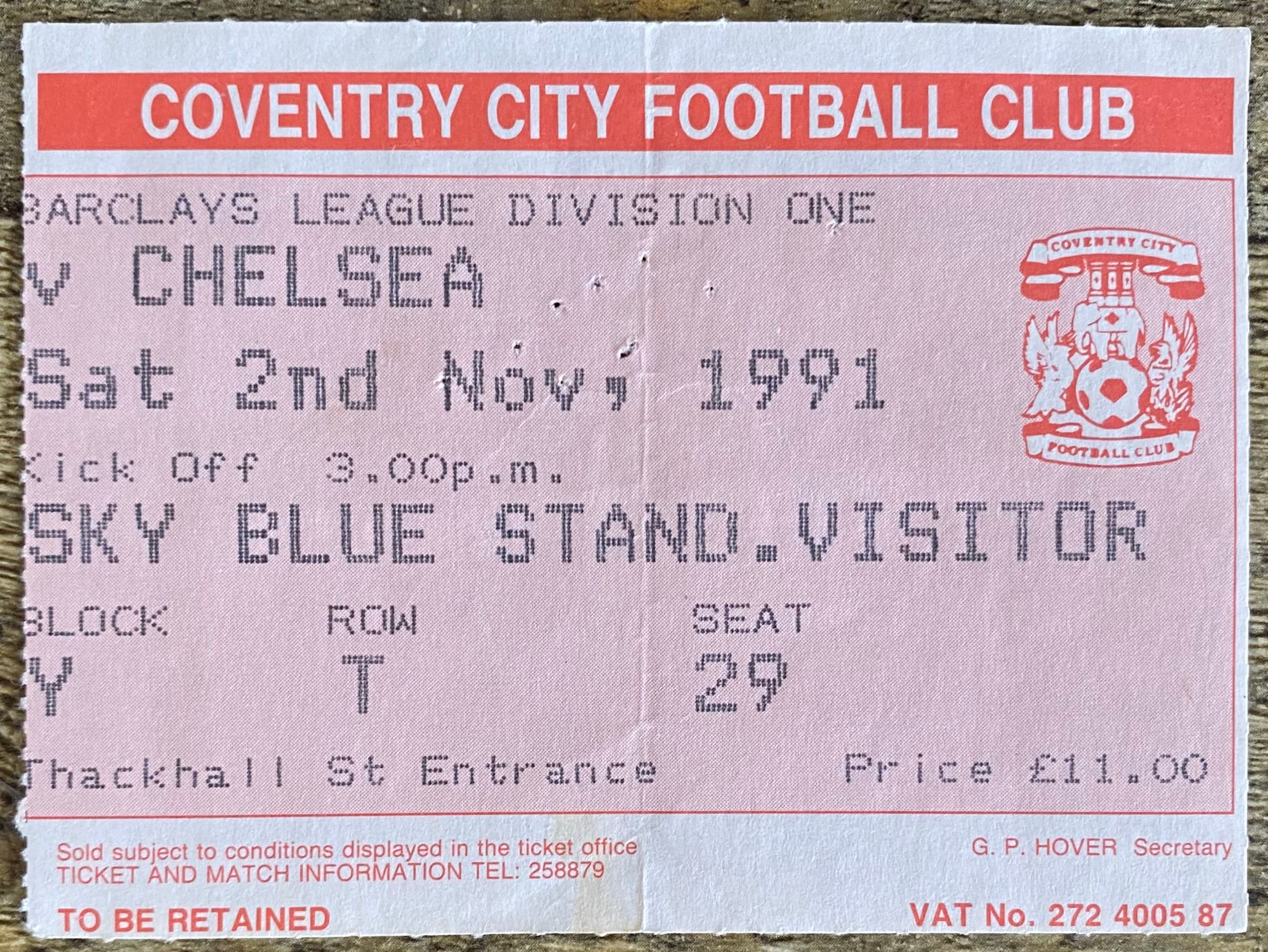 1991/92 ORIGINAL DIVISION 1 TICKET COVENTRY CITY V CHELSEA