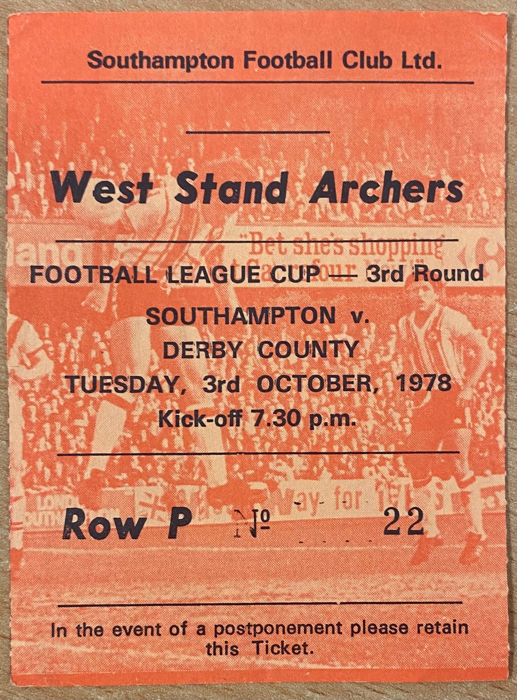 1978/79 ORIGINAL LEAGUE CUP 4TH ROUND TICKET SOUTHAMPTON V DERBY COUNTY