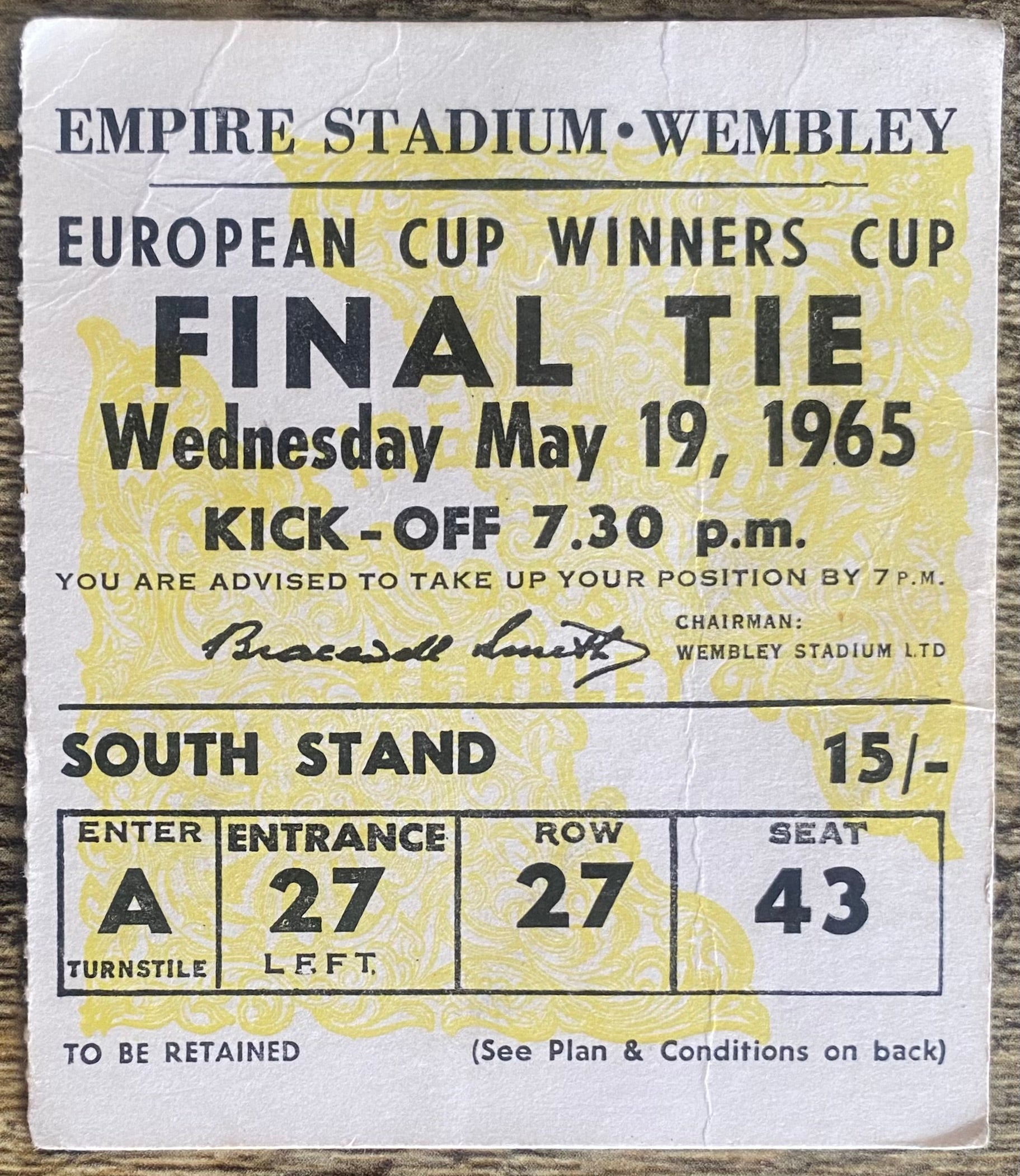 1965 ORIGINAL EUROPEAN CUP WINNERS CUP FINAL TICKET WEST HAM UNITED V TSV MUNICH 1860