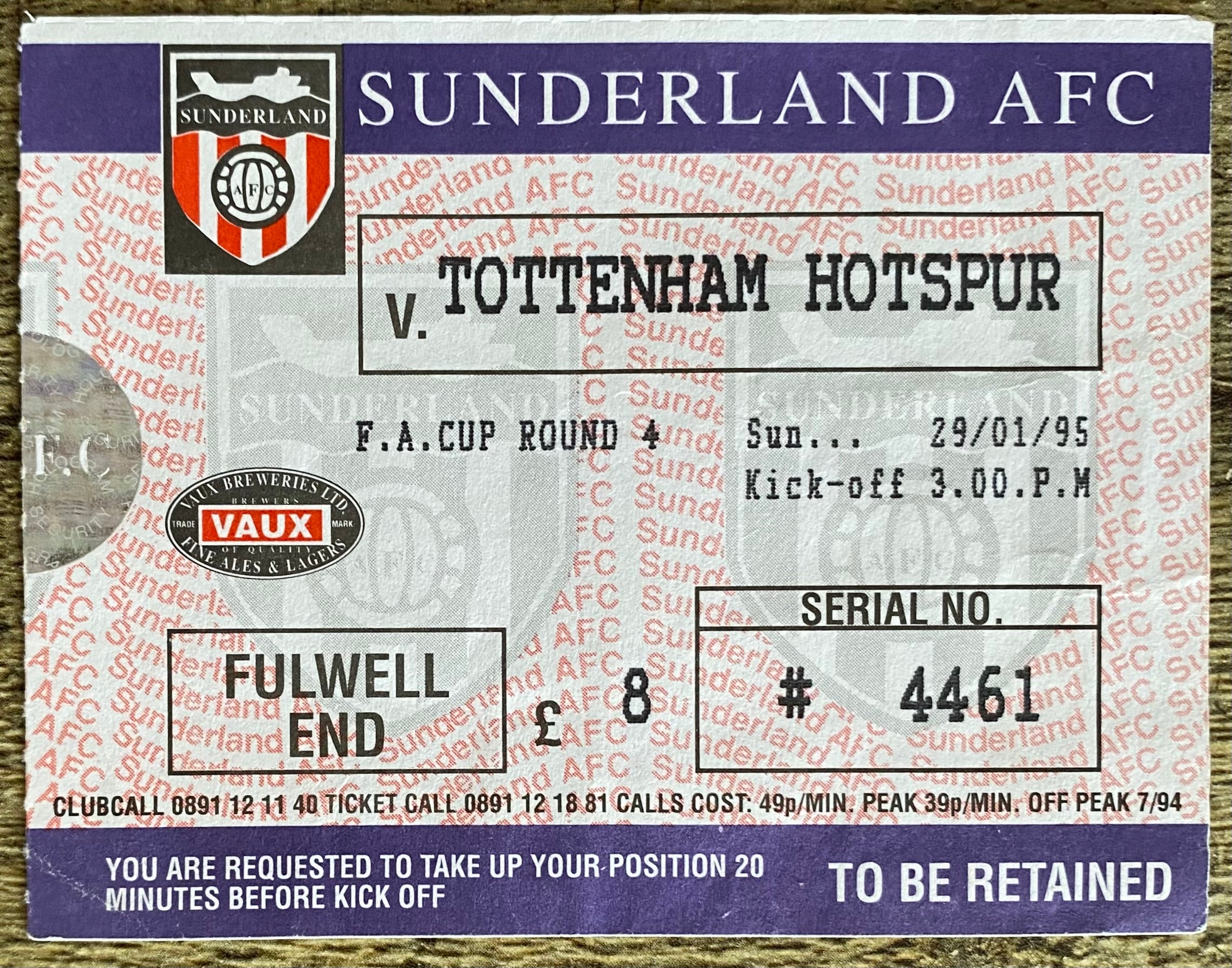 1994/95 ORIGINAL FA CUP 4TH ROUND TICKET SUNDERLAND v TOTTENHAM HOTSPUR