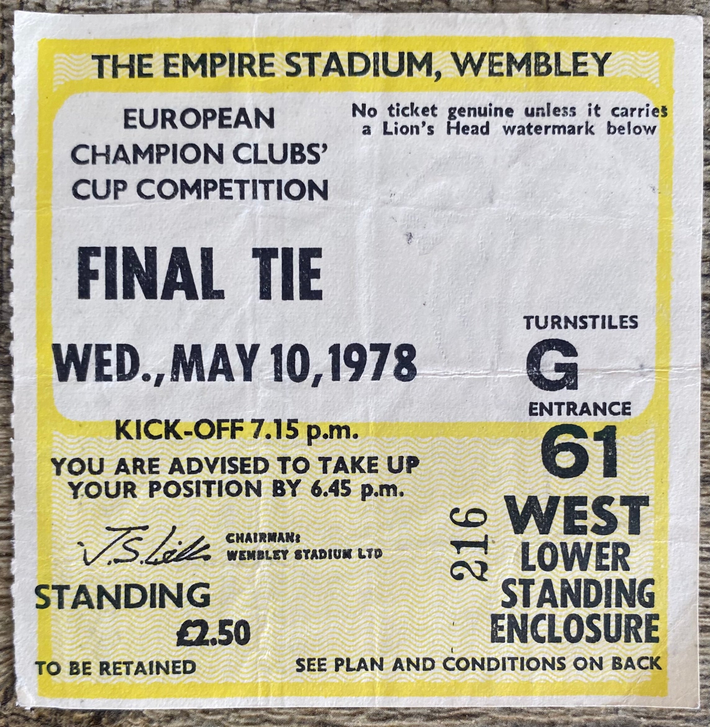 1978 ORIGINAL EUROPEAN CUP FINAL TICKET LIVERPOOL V FC BRUGES @ WEMBLEY