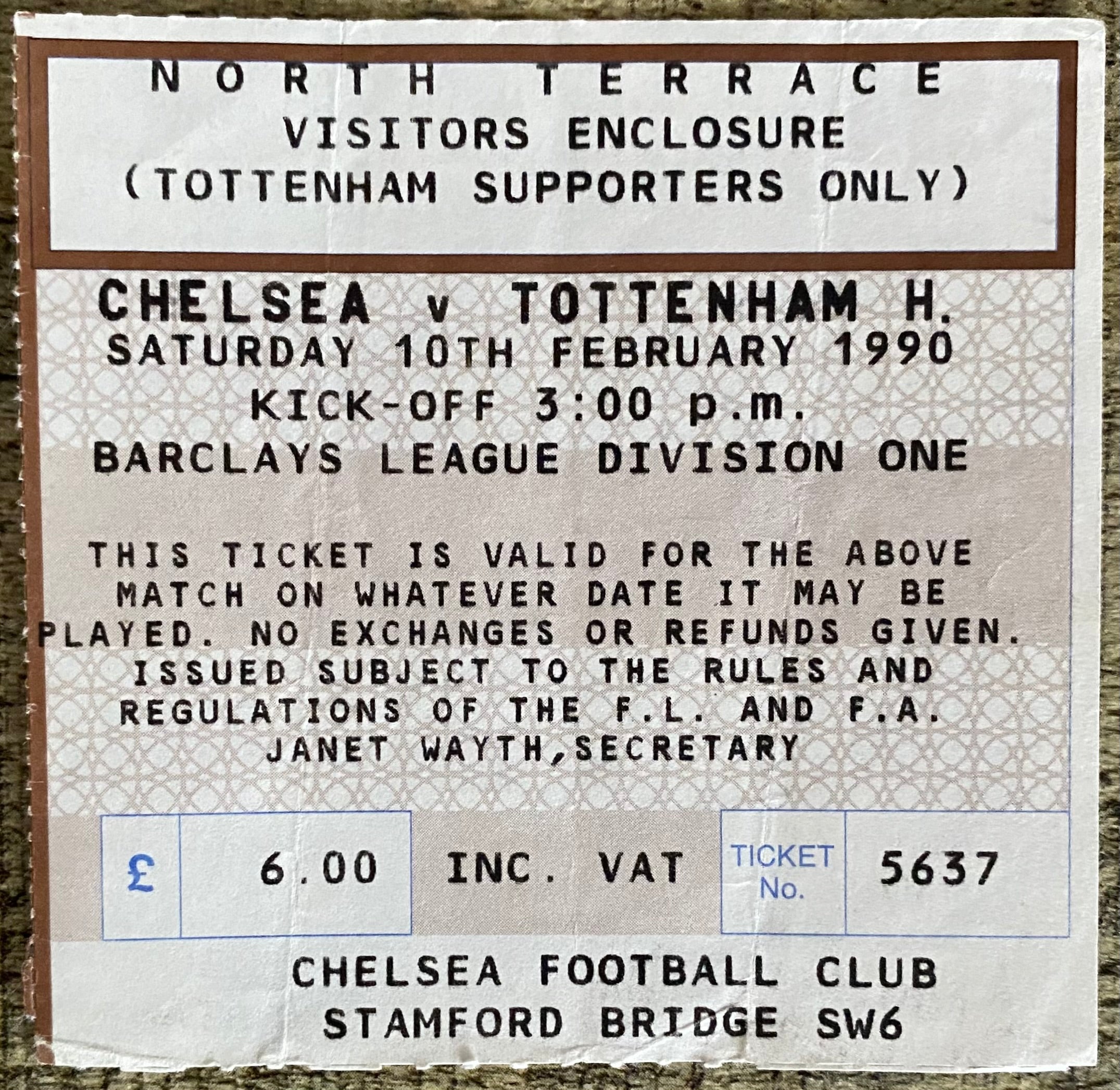 1989/90 ORIGINAL DIVISION 1 TICKET CHELSEA V TOTTENHAM HOTSPUR