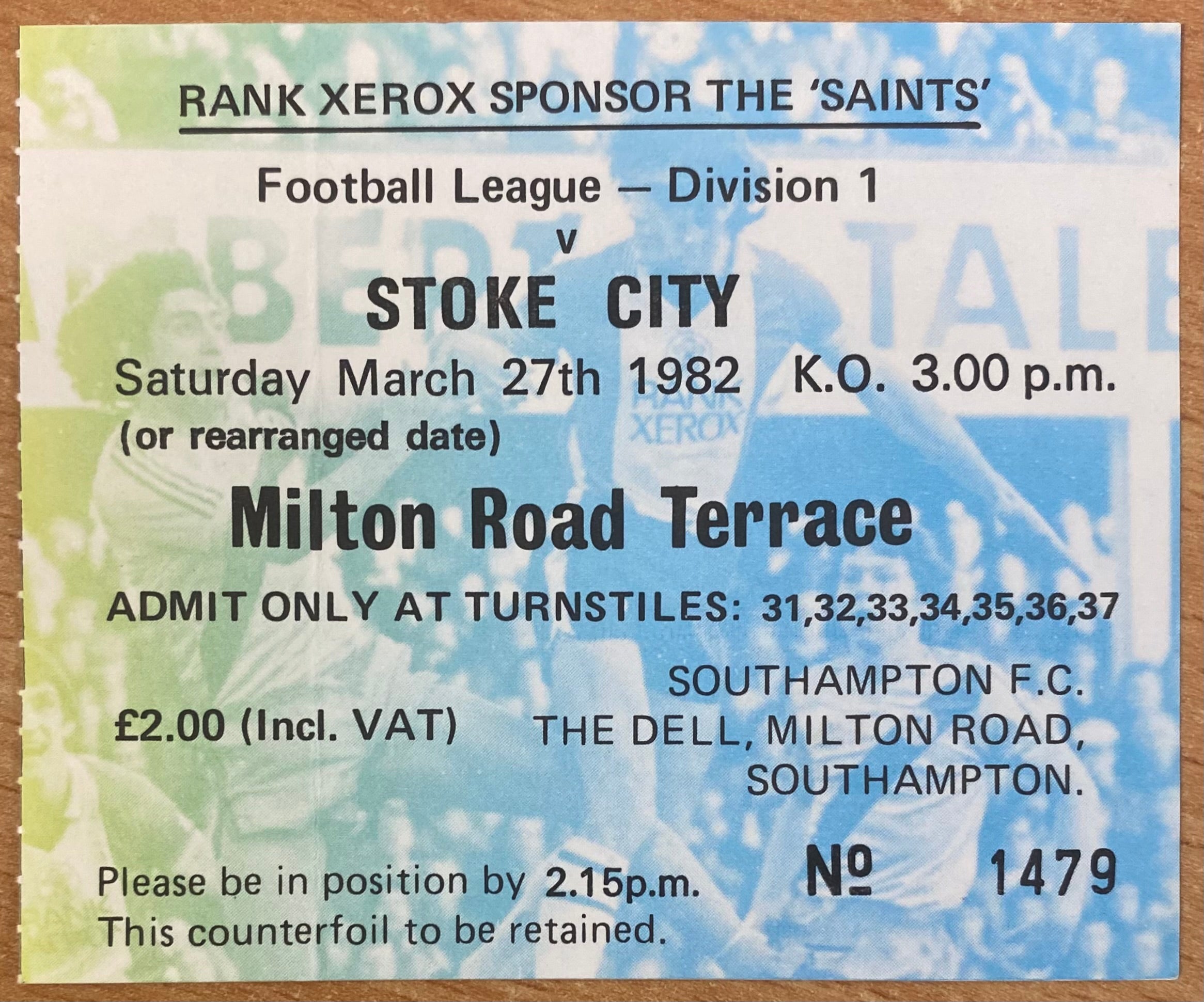 1981/82 ORIGINAL DIVISION ONE TICKET SOUTHAMPTON V STOKE CITY