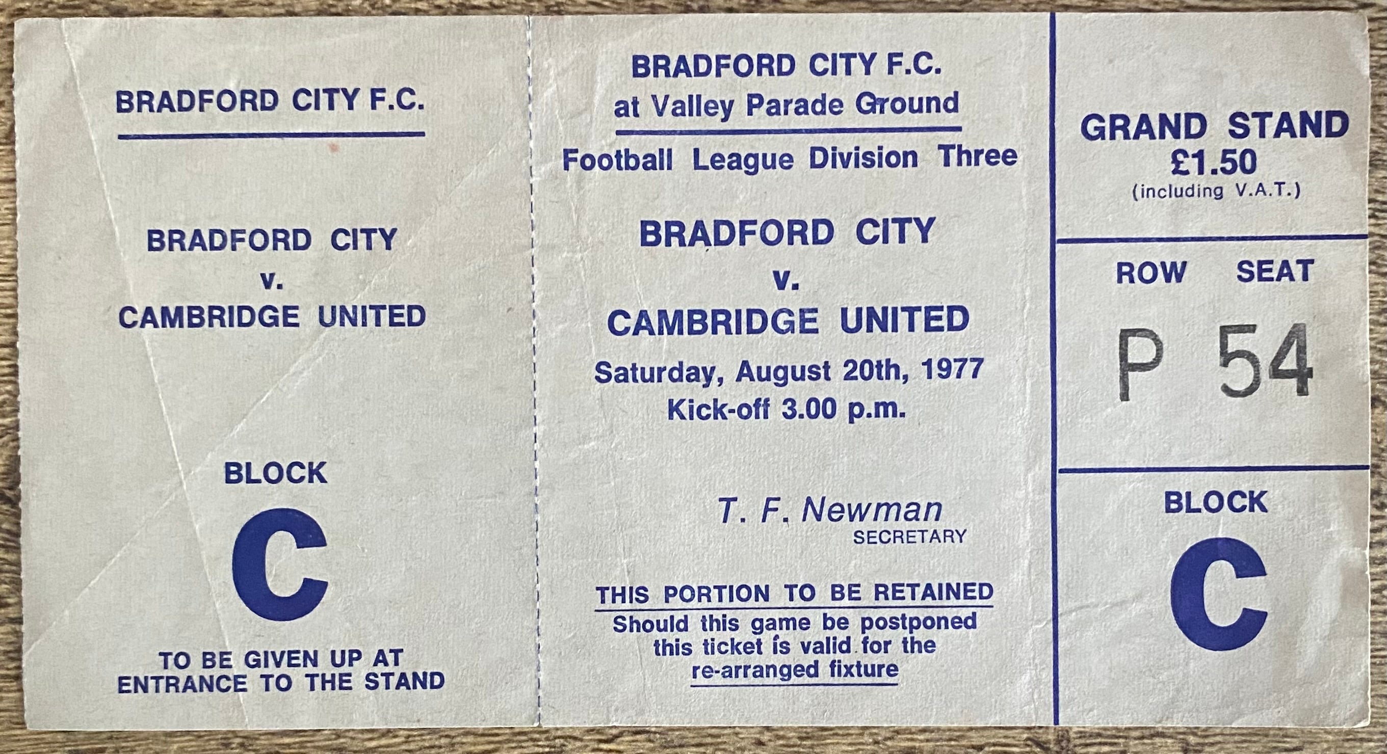 1977/78 ORIGINAL DIVISION 3 UNUSED TICKET BRADFORD CITY V CAMBRIDGE UNITED