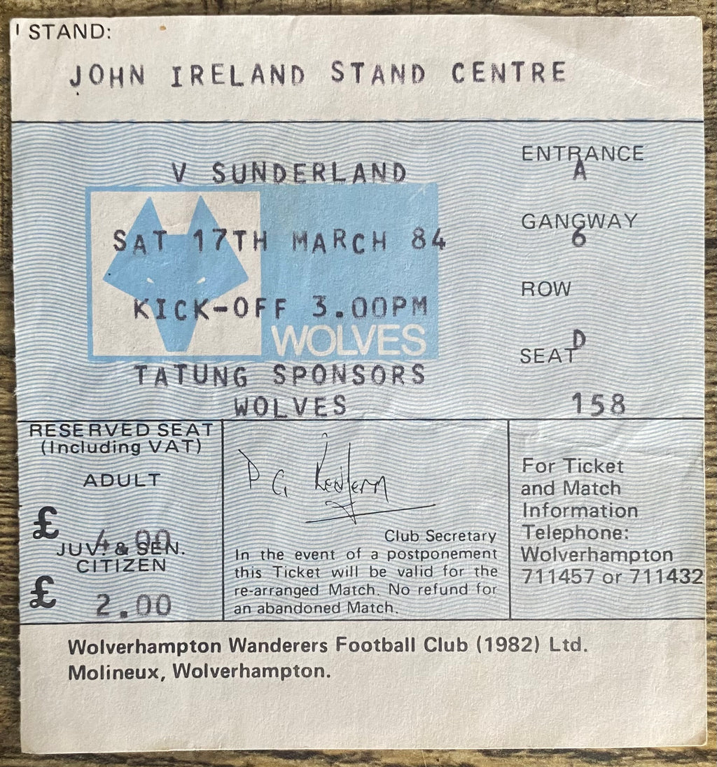 1983/84 ORIGINAL DIVISION 1 TICKET WOLVERHAMPTON WANDERERS V SUNDERLAND