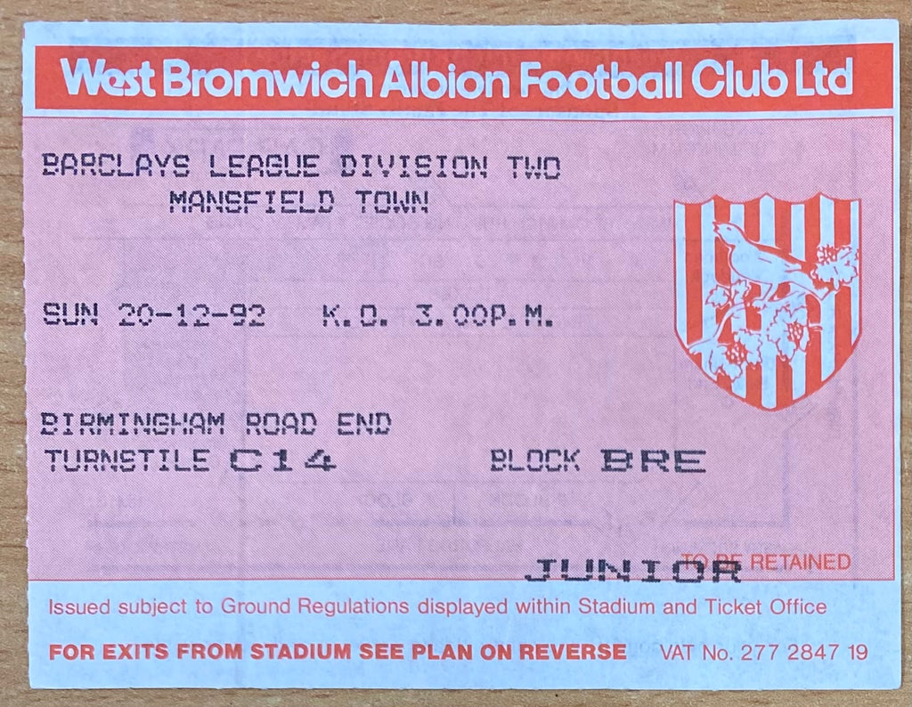 1992/93 ORIGINAL DIVISION 2 TICKET WEST BROMWICH ALBION V MANSFIELD TOWN