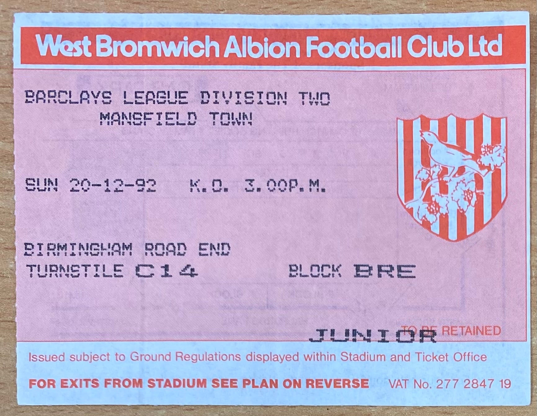 1992/93 ORIGINAL DIVISION 2 TICKET WEST BROMWICH ALBION V MANSFIELD TOWN