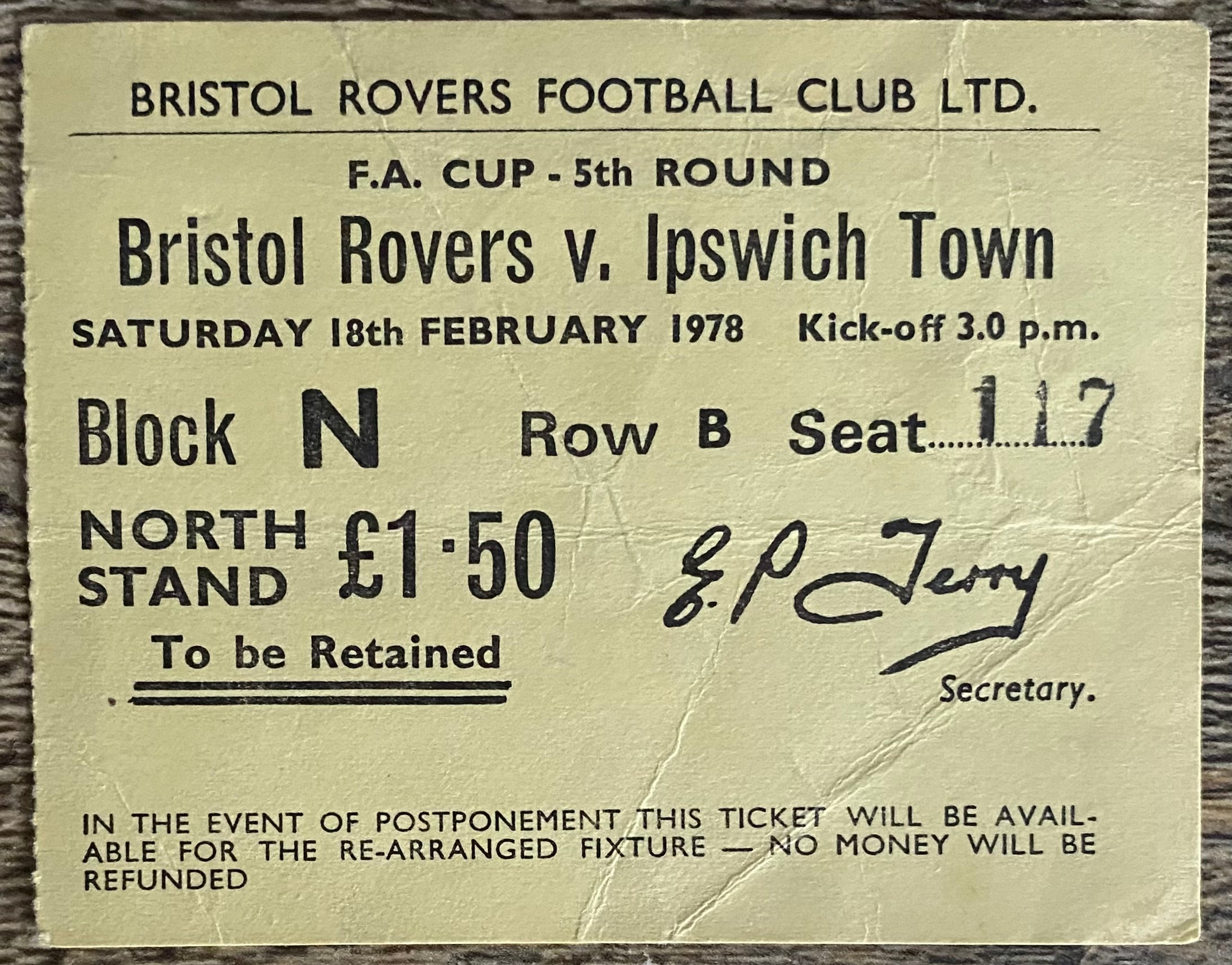 1977/78 ORIGINAL FA CUP 5TH ROUND TICKET BRISTOL ROVERS V IPSWICH TOWN