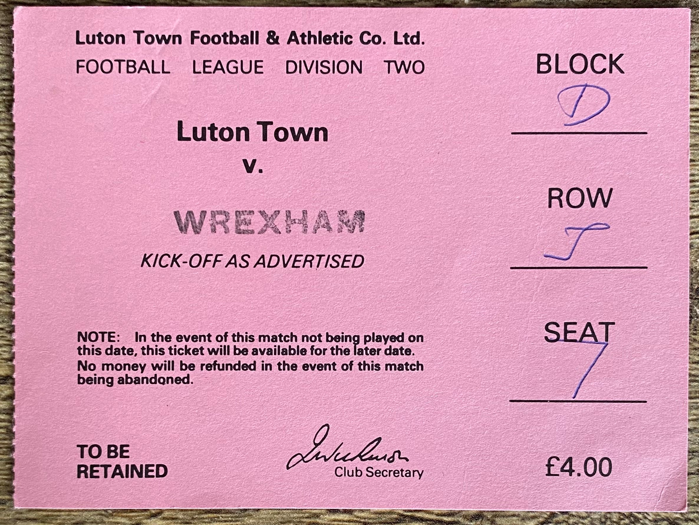1981/82 ORIGINAL DIVISION 2 TICKET LUTON TOWN V WREXHAM