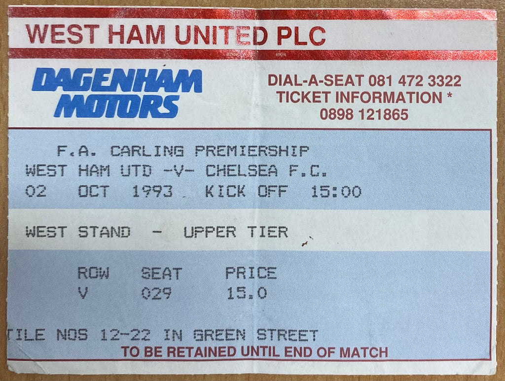1993/94 ORIGINAL FA PREMIERSHIP TICKET WEST HAM UNITED V CHELSEA