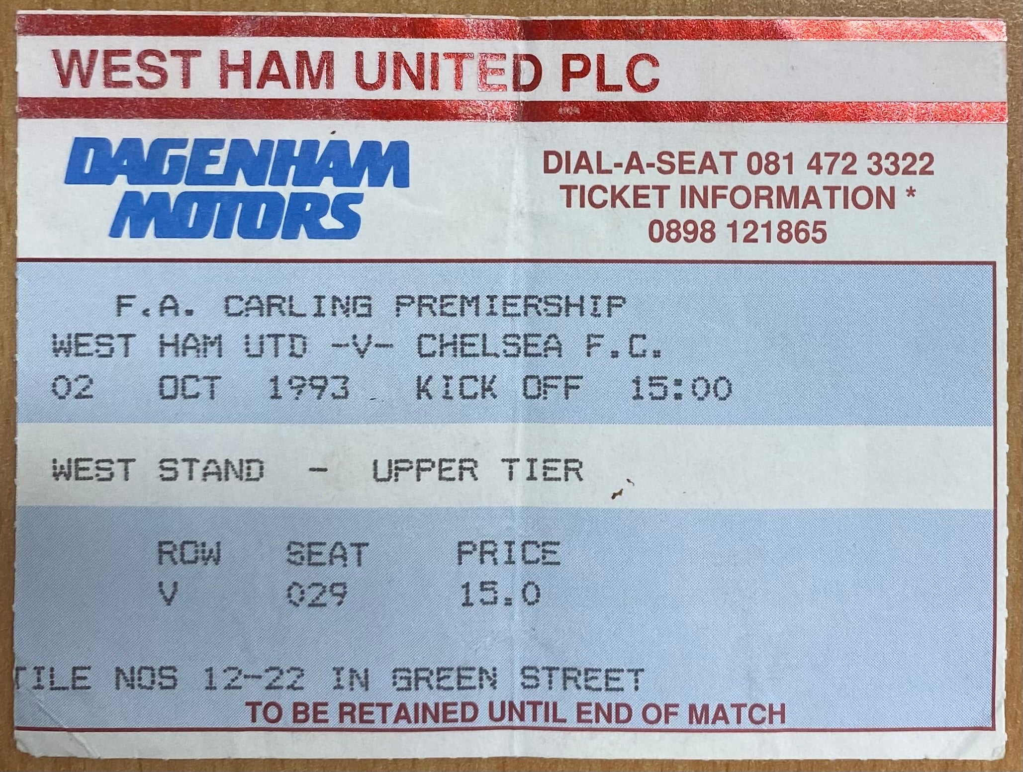 1993/94 ORIGINAL FA PREMIERSHIP TICKET WEST HAM UNITED V CHELSEA