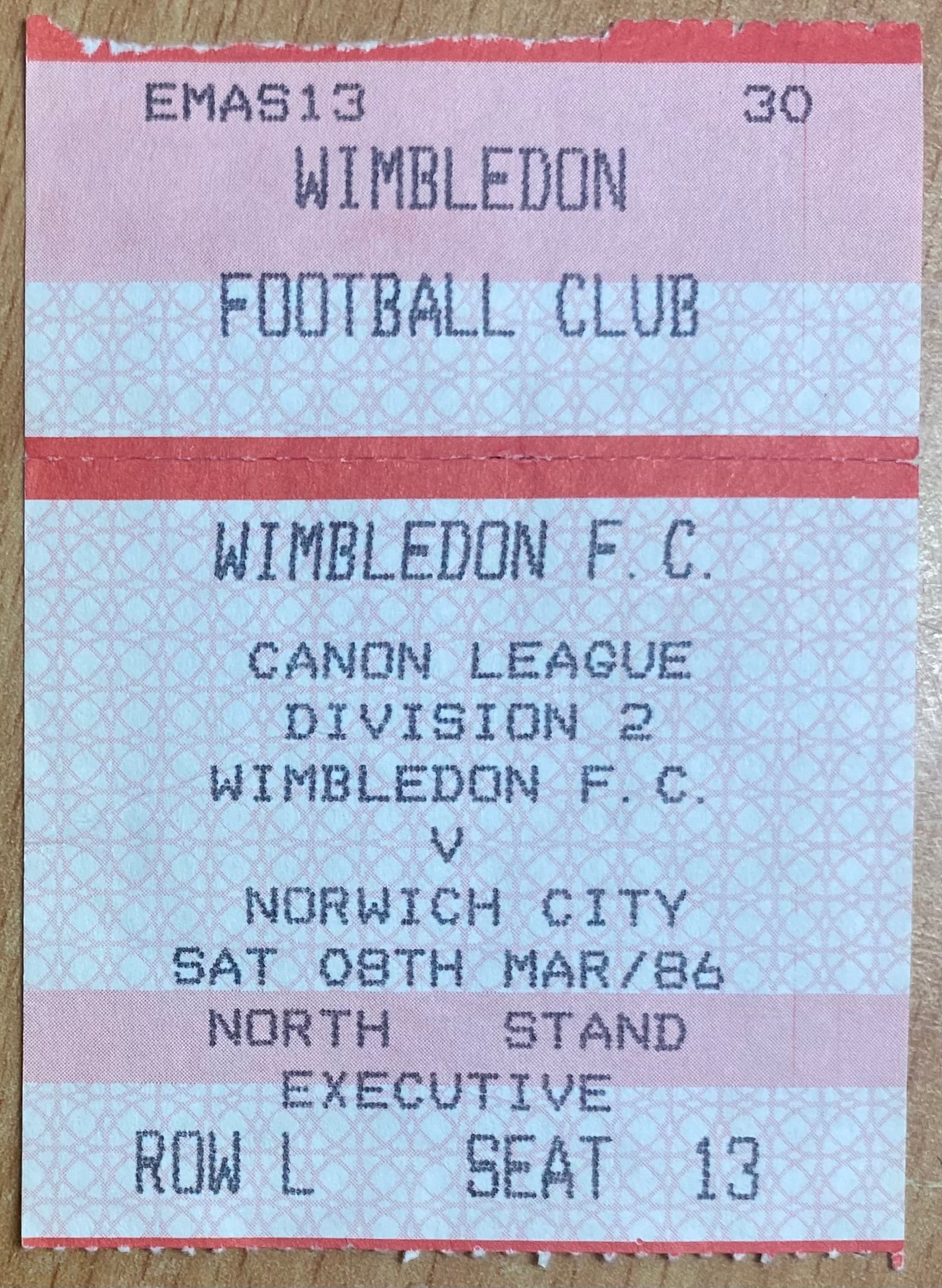 1985/86 ORIGINAL DIVISION 2 TICKET WIMBLEDON V NORWICH CITY