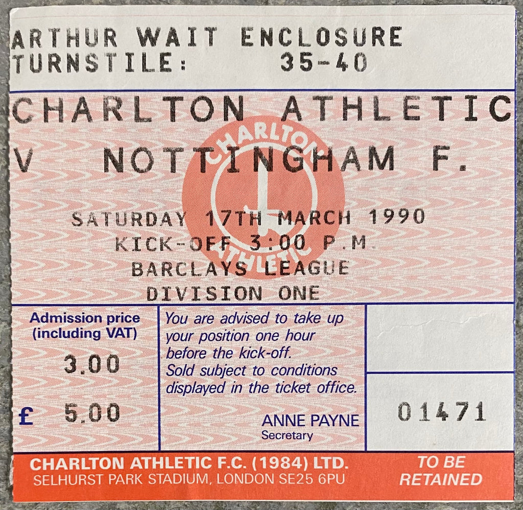 1989/90 ORIGINAL DIVISION ONE TICKET CHARLTON ATHLETIC V NOTTINGHAM FOREST