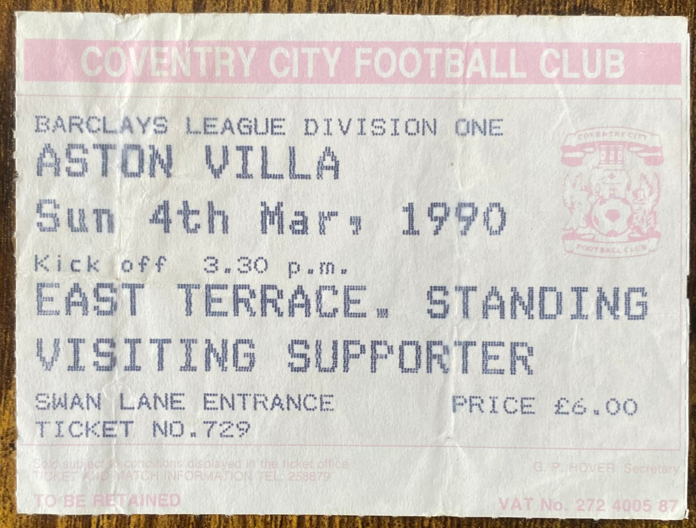 1989/90 ORIGINAL DIVISION 1 TICKET COVENTRY CITY V ASTON VILLA