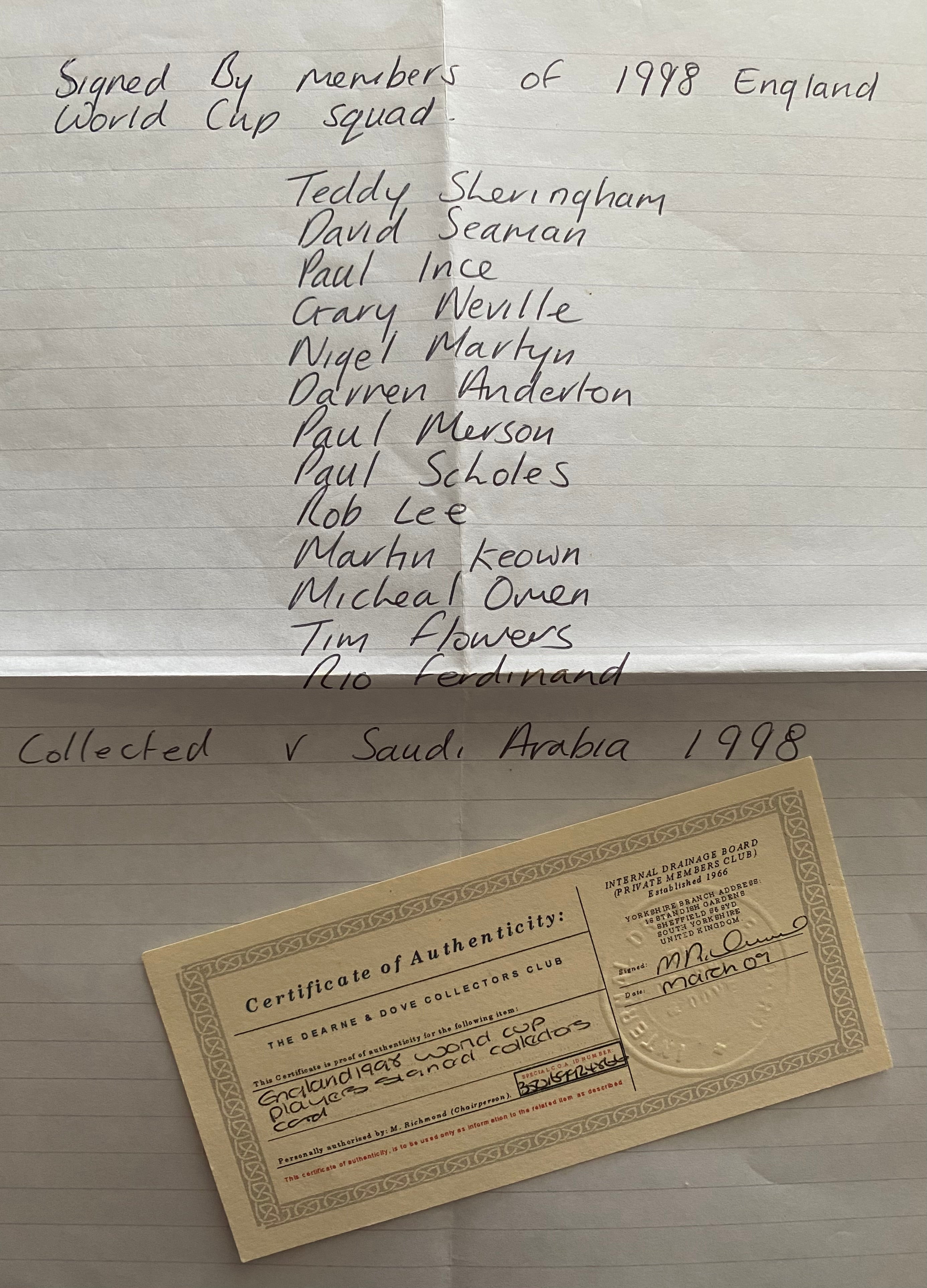 1998 CARD SIGNED BY 13 OF ENGLAND 98 WORLD CUP SQUAD V SAUDI ARABIA AT WEMBLEY (23/05/98)