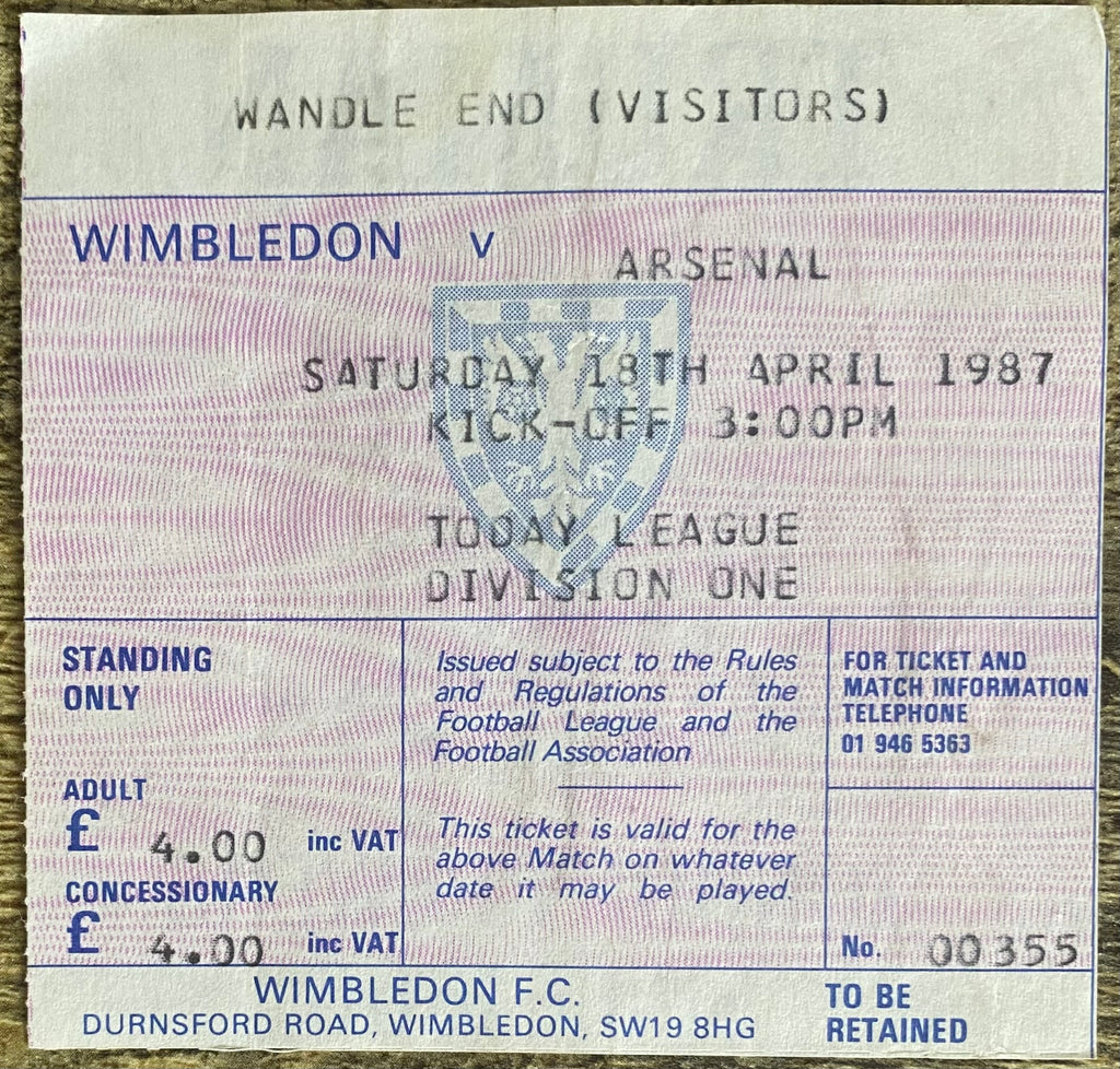1986/87 ORIGINAL DIVISION ONE TICKET WIMBLEDON V ARSENAL