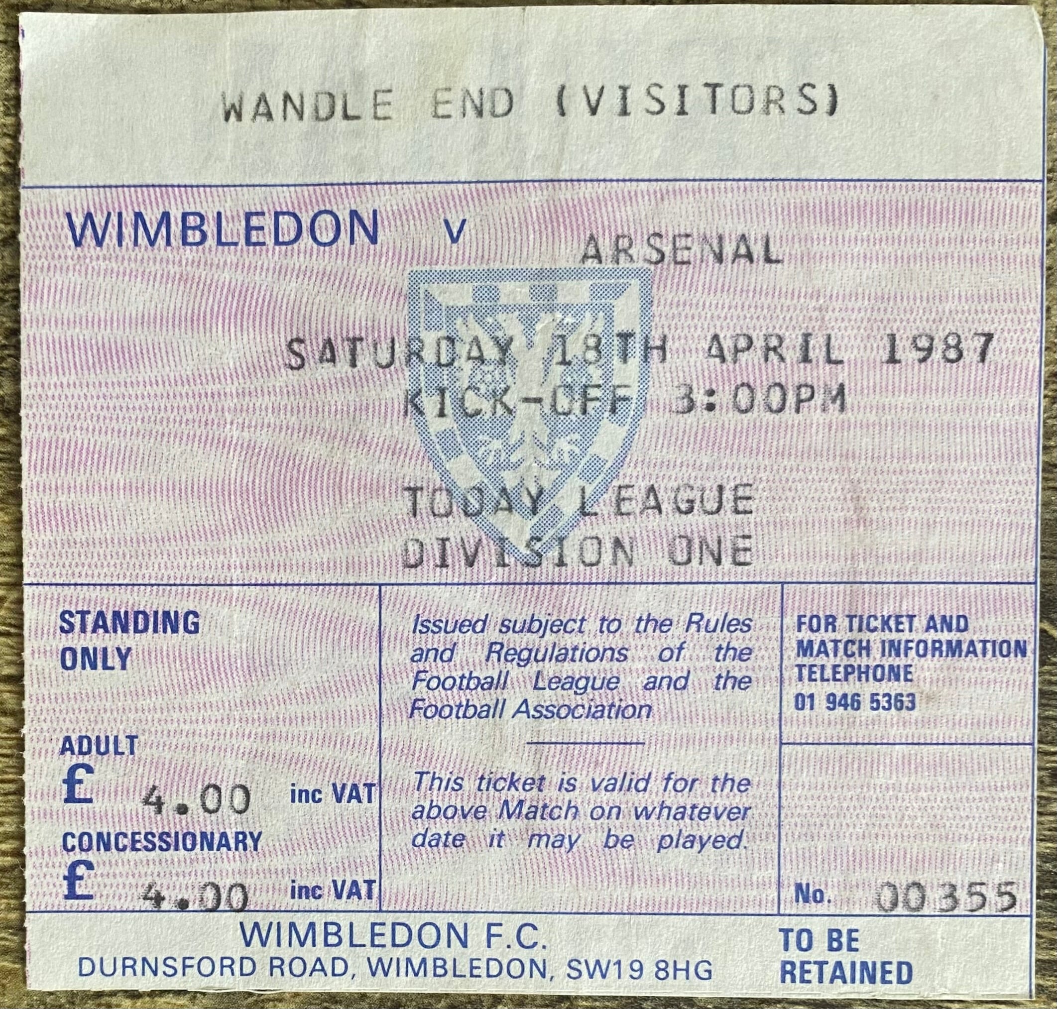 1986/87 ORIGINAL DIVISION ONE TICKET WIMBLEDON V ARSENAL