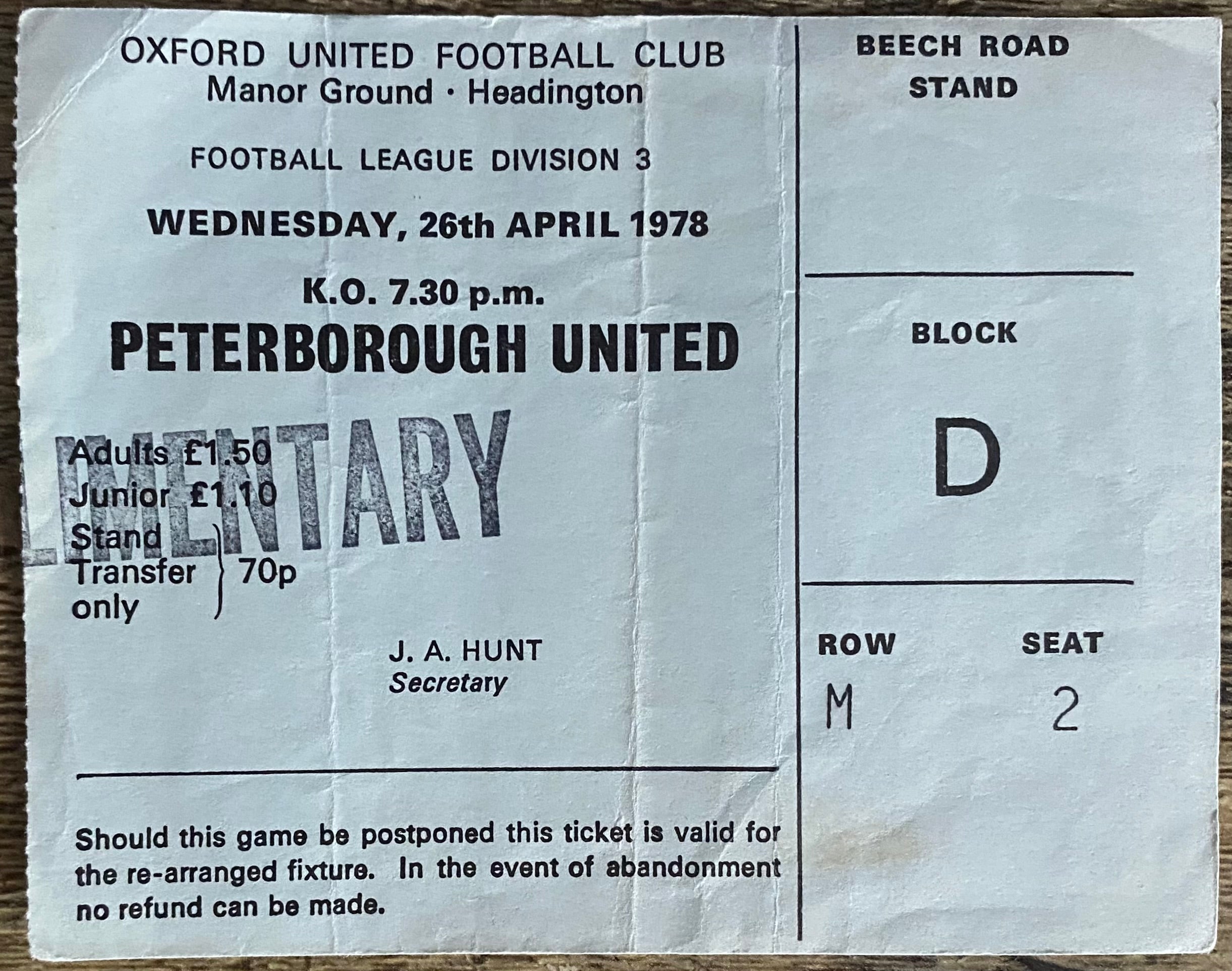 1977/78 ORIGINAL DIVISION 3 TICKET OXFORD UNITED V PETERBOROUGH UNITED