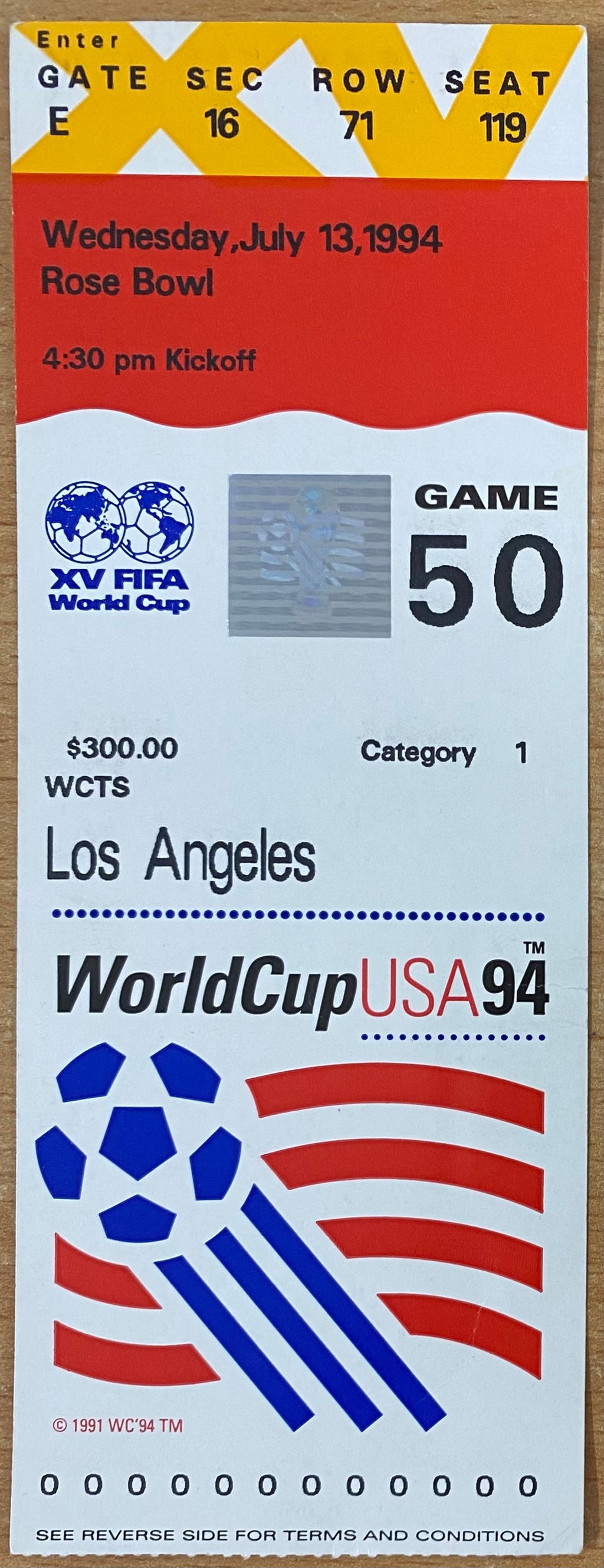 1994 ORIGINAL WORLD CUP SEMI FINAL TICKET BRAZIL V SWEDEN @ LOS ANGELES