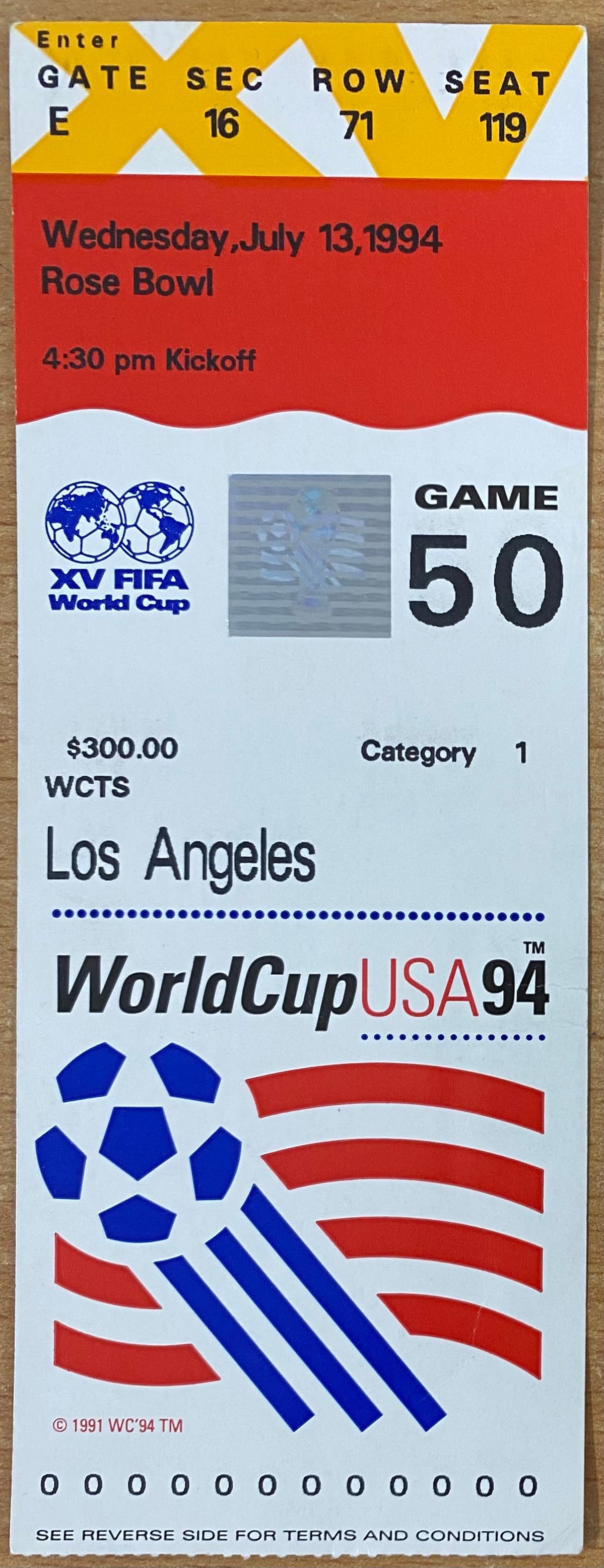 1994 ORIGINAL WORLD CUP SEMI FINAL TICKET BRAZIL V SWEDEN @ LOS ANGELES