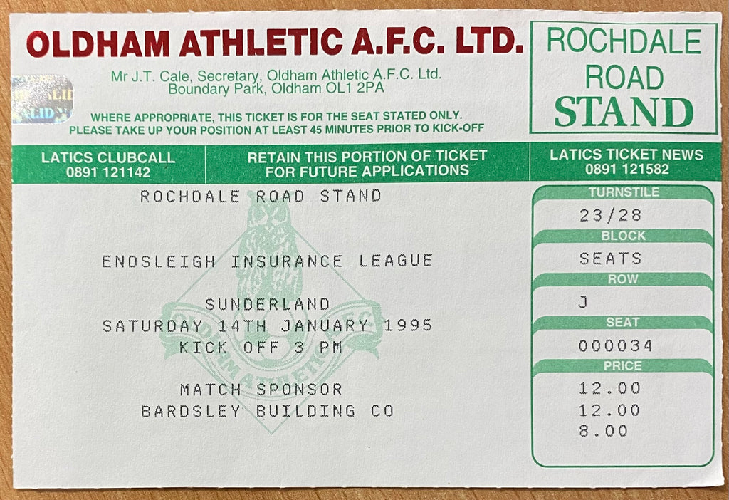 1994/95 ORIGINAL DIVISION 1 TICKET OLDHAM ATHLETIC V SUNDERLAND