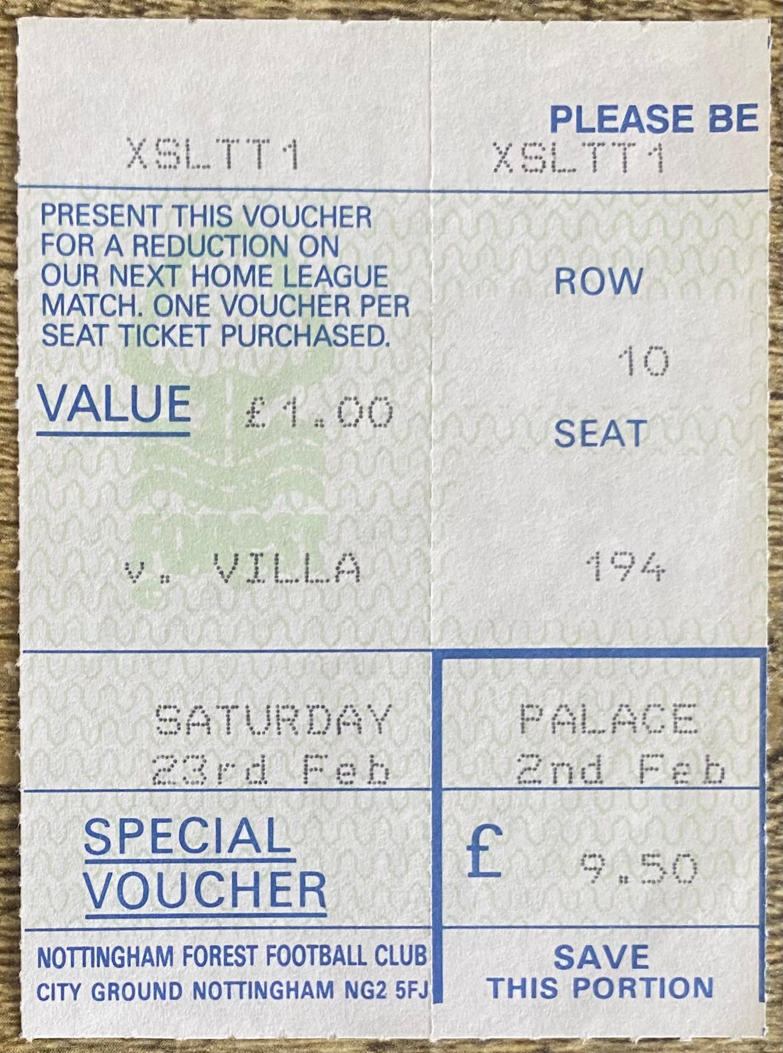 1990/91 ORIGINAL DIVISION ONE TICKET NOTTINGHAM FOREST V CRYSTAL PALACE