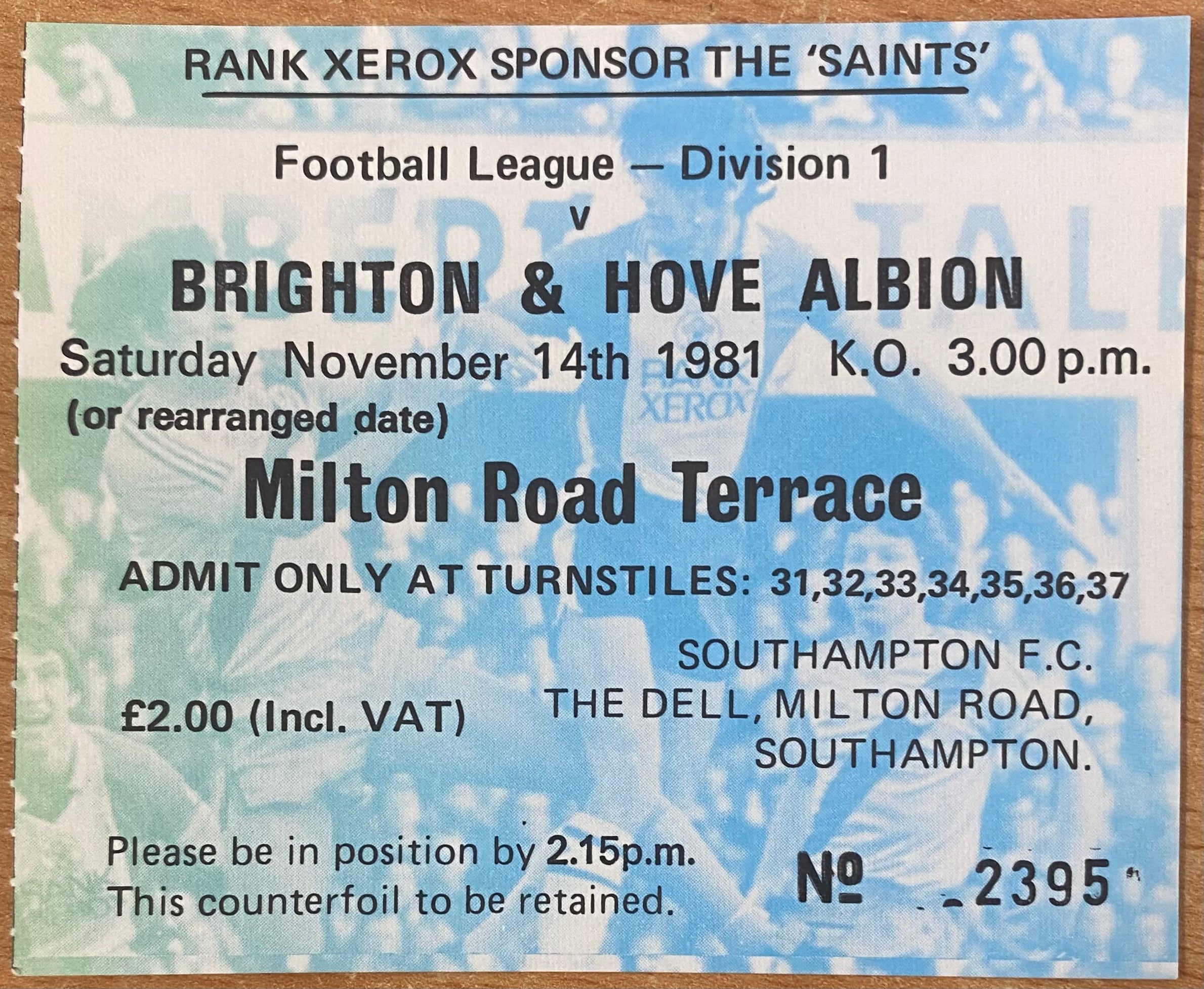 1981/82 ORIGINAL DIVISION ONE TICKET SOUTHAMPTON V BRIGHTON AND HOVE ALBION