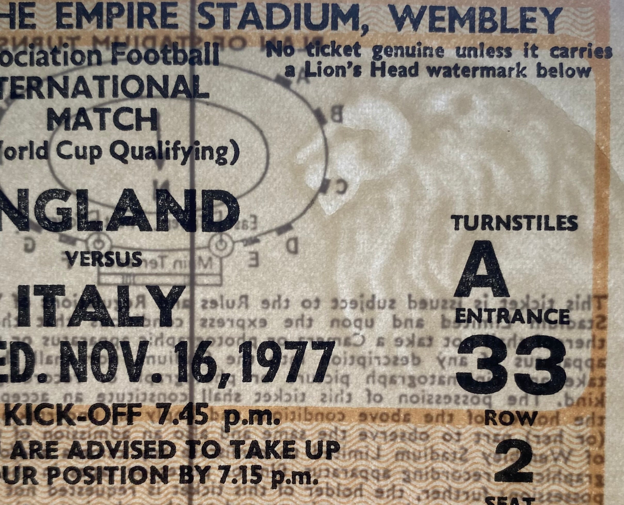 1977 ORIGINAL WORLD CUP QUALIFYING TICKET ENGLAND V ITALY