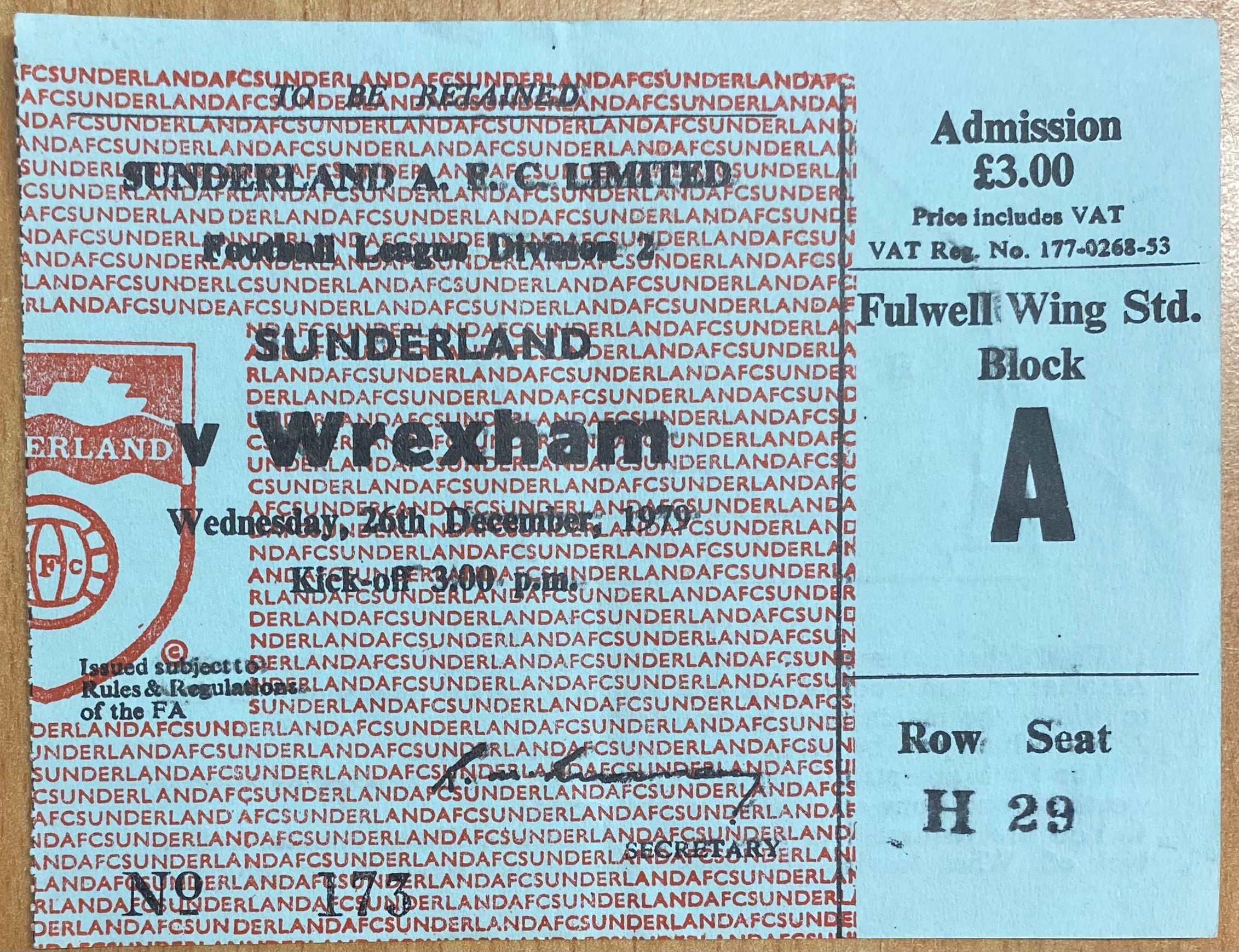 1979/80 ORIGINAL DIVISION 2 TICKET SUNDERLAND V WREXHAM