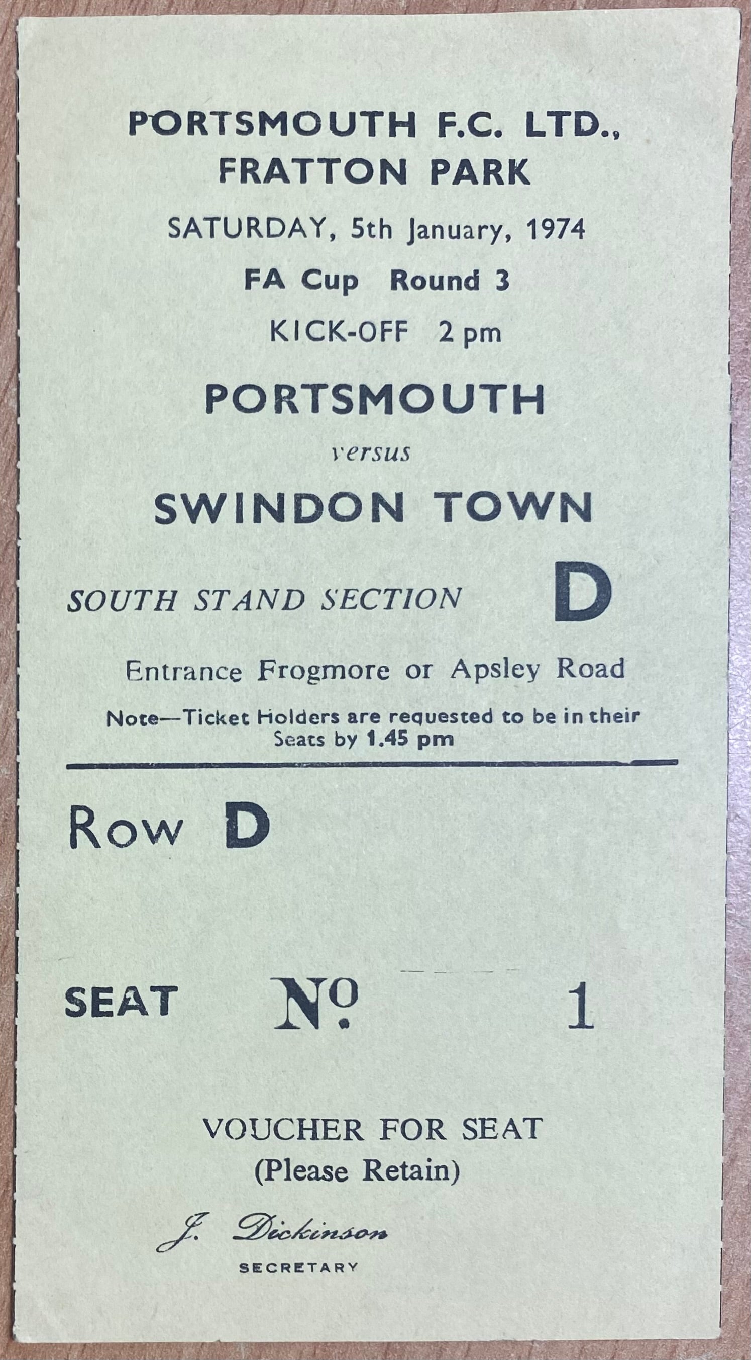 1973/74 ORIGINAL FA CUP 3RD ROUND TICKET PORTSMOUTH V SWINDON TOWN