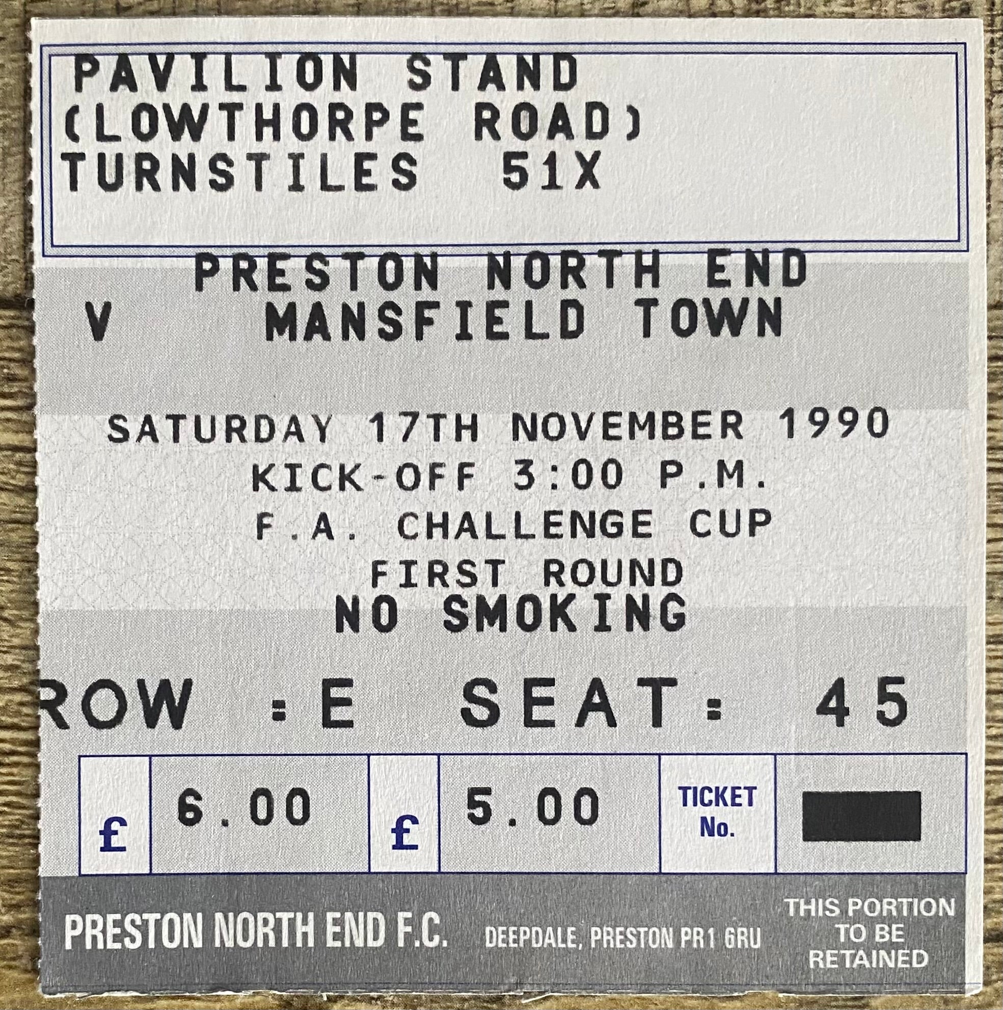 1990/91 ORIGINAL FA CUP 1ST ROUND TICKET PRESTON NORTH END V MANSFIELD TOWN