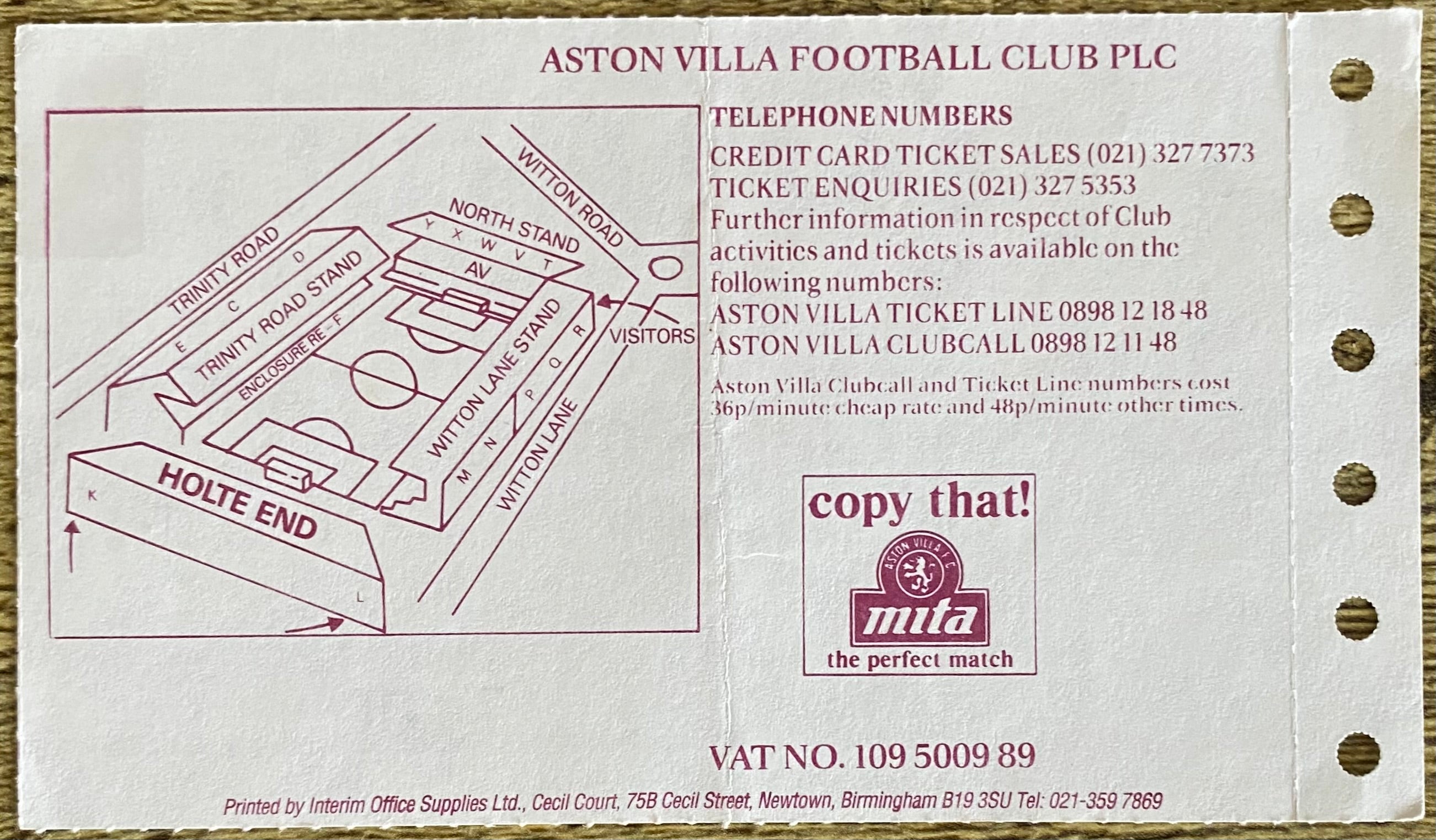 1992/93 ORIGINAL FA CUP 4TH ROUND TICKET ASTON VILLA V WIMBLEDON