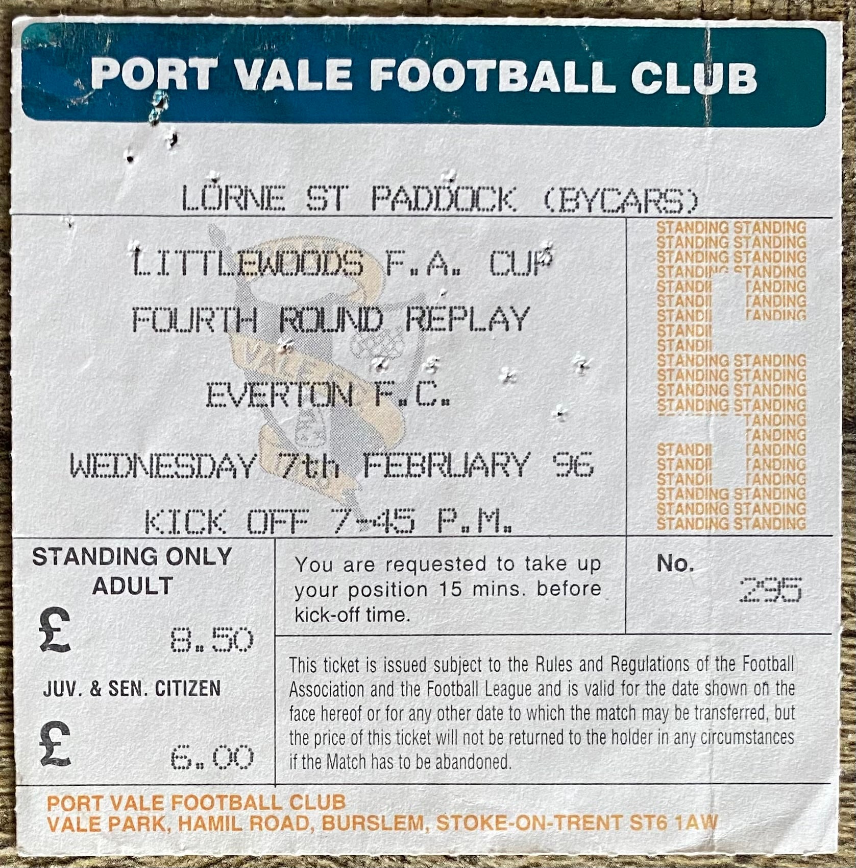 1995/96 ORIGINAL FA CUP 4TH ROUND REPLAY TICKET PORT VALE V EVERTON