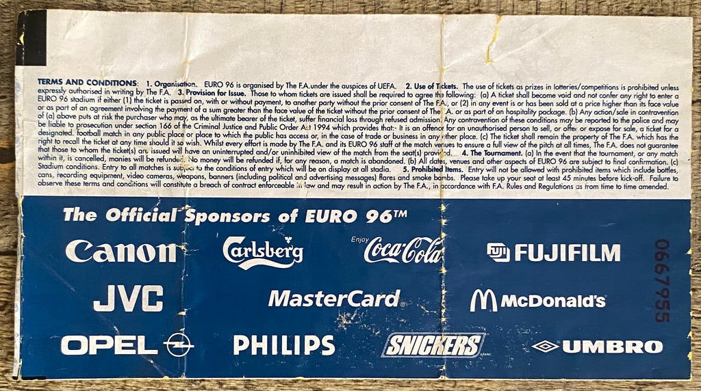 1996 ORIGINAL EUROPEAN CHAMPIONSHIPS EURO 96 TICKET ENGLAND V SCOTLAND @ WEMBLEY