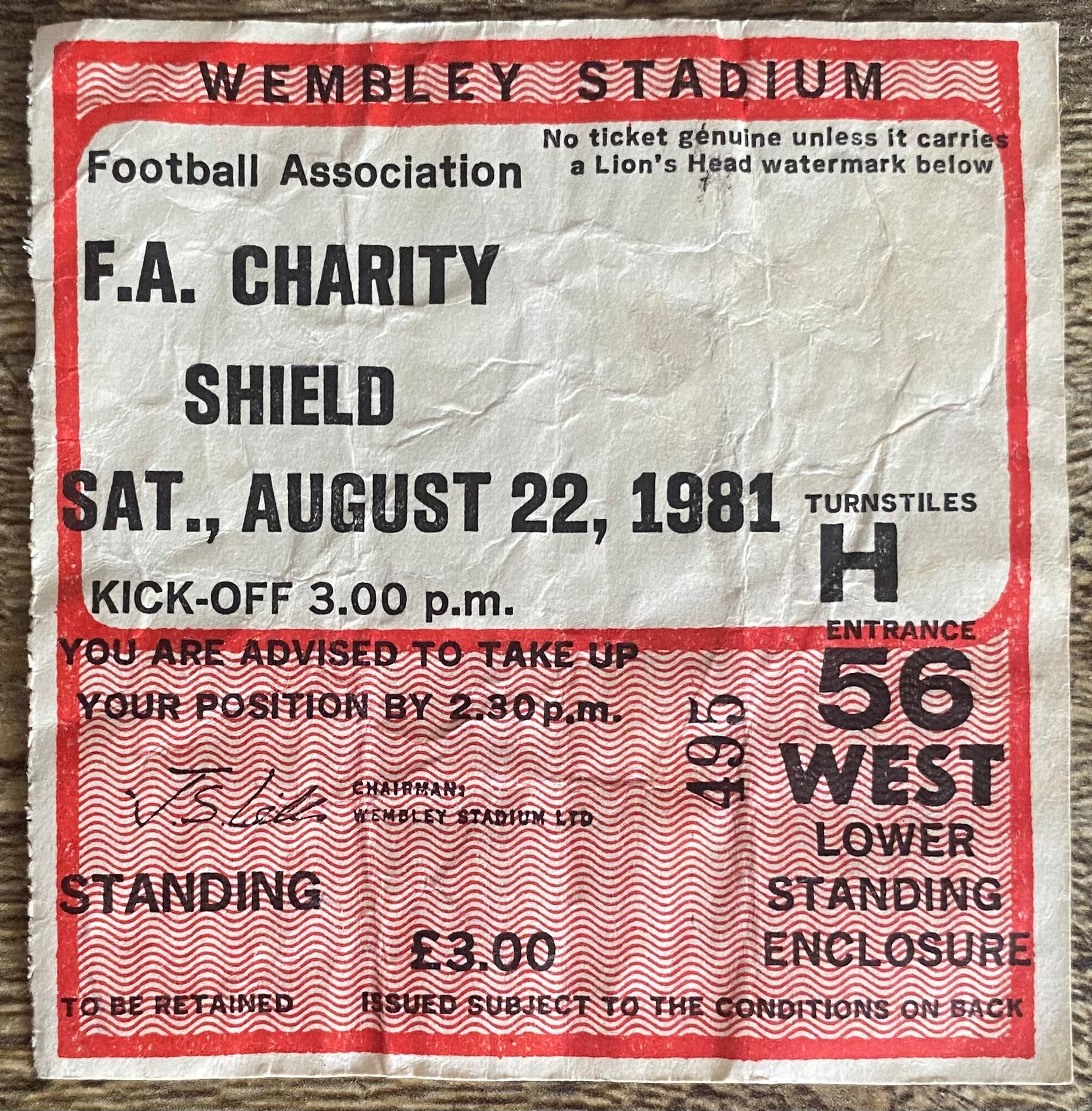 1981 ORIGINAL CHARITY SHIELD TICKET ASTON VILLA V TOTTENHAM HOTSPUR