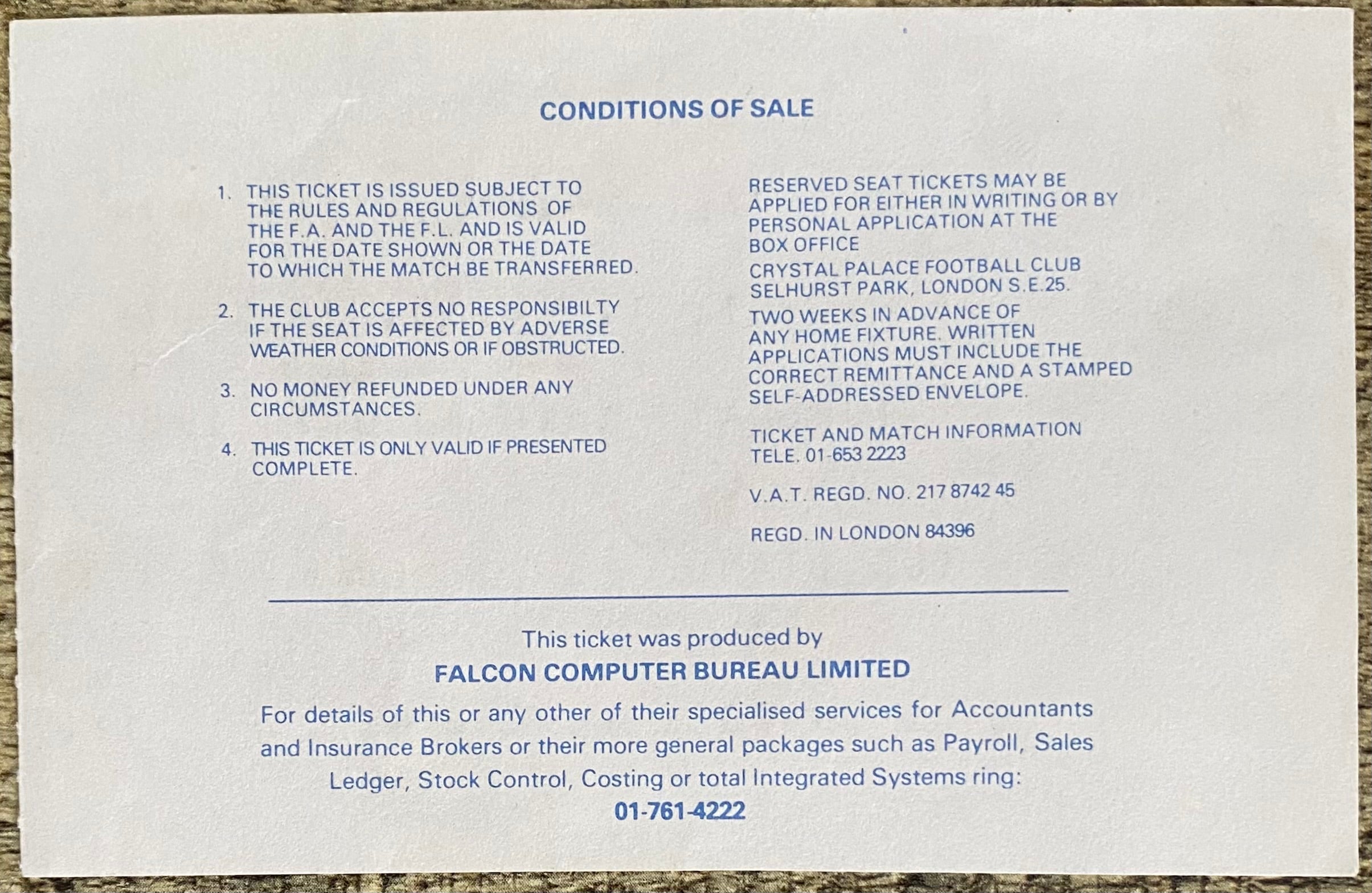 1980/81 ORIGINAL DIVISION ONE TICKET CRYSTAL PALACE V TOTTENHAM HOTSPUR