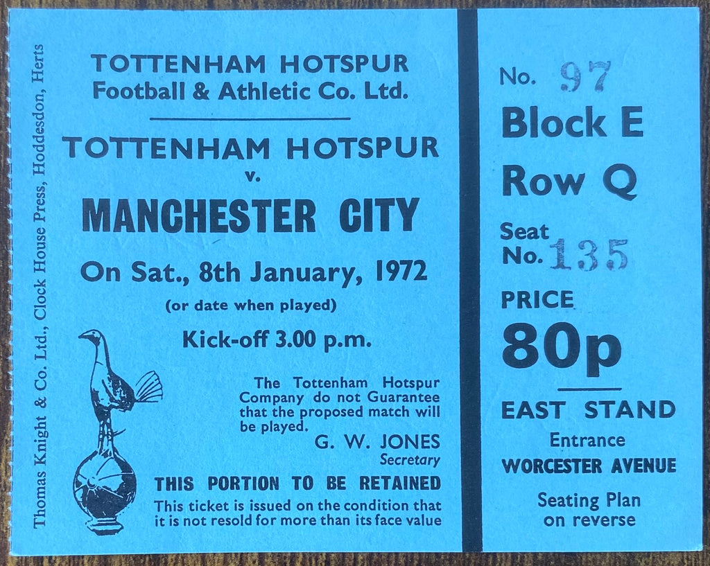 1971/72 ORIGINAL DIVISION ONE TICKET TOTTENHAM HOTSPUR V MANCHESTER CITY