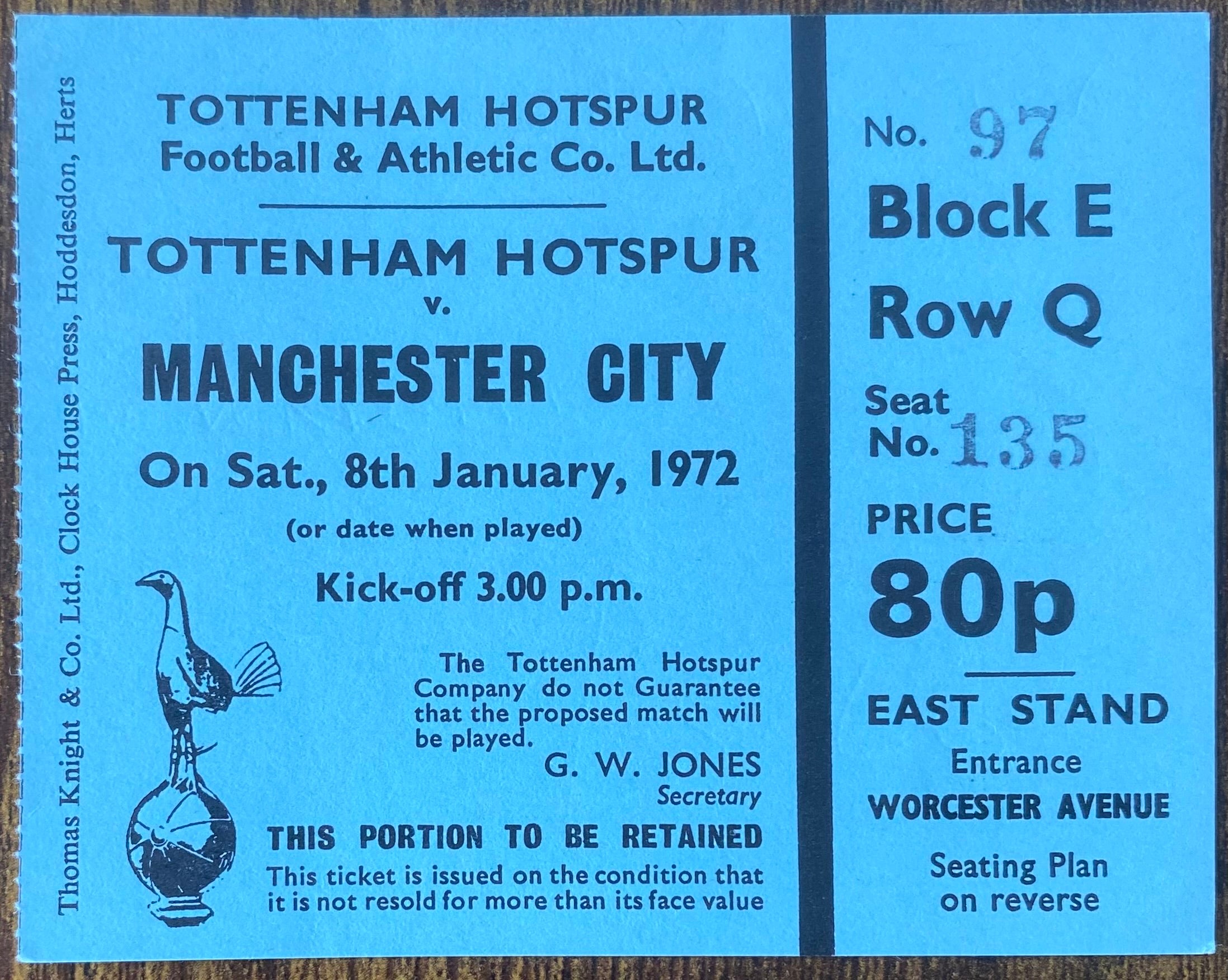 1971/72 ORIGINAL DIVISION ONE TICKET TOTTENHAM HOTSPUR V MANCHESTER CITY